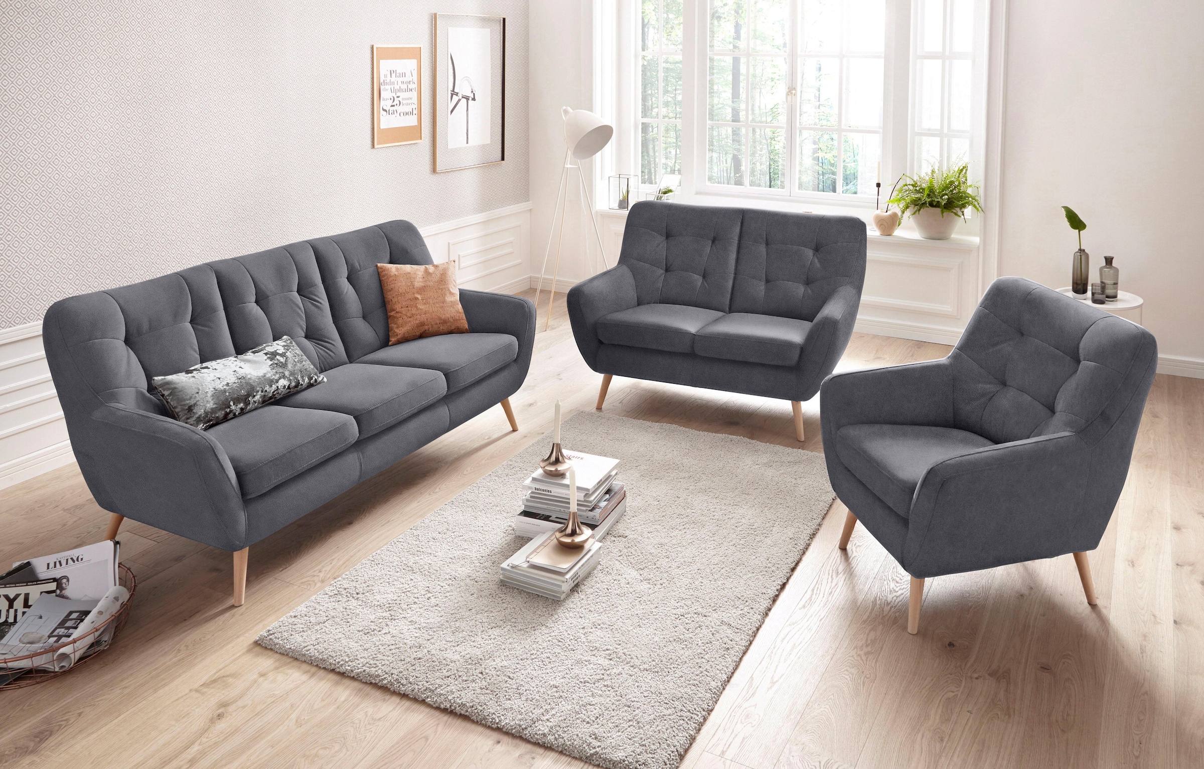 exxpo - sofa fashion 3-Sitzer »Scandi, bequem, aufwendige Rückenpolsterung für mehr Sitzkomfort«, aktuelle Farben in hochwertigen Bezugsqualitäten, Holzfuß