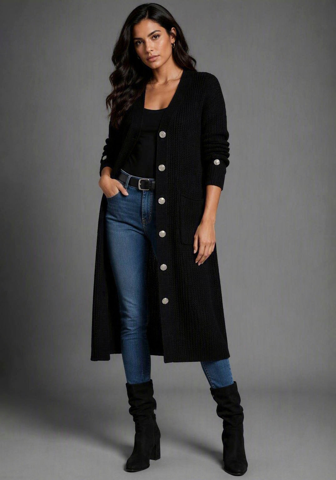 Bruno Banani Longstrickjacke Oversize-Passform, ca. Mitte Knie, mit Knöpfen, unifarben, ohne Kragen