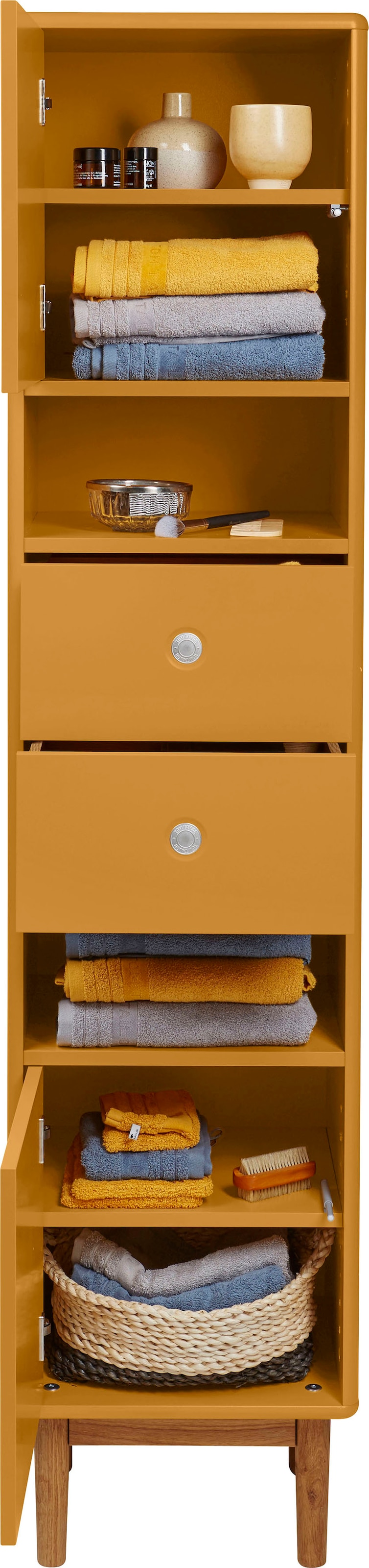 TOM TAILOR HOME Hochschrank »COLOR BATH«, mit 2 Türen & 2 Schubladen, mit Push-to-Open,Füße Eiche, Breite 40 cm