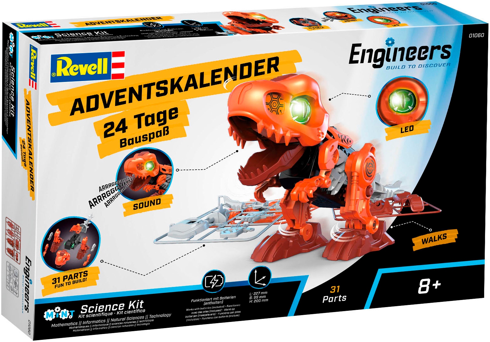 Revell® Spielzeug-Adventskalender »Engineers „Electric T.Rex“, zum Bauen, Forschen und Entdecken«, ab 8 Jahren, mit Licht und Sound