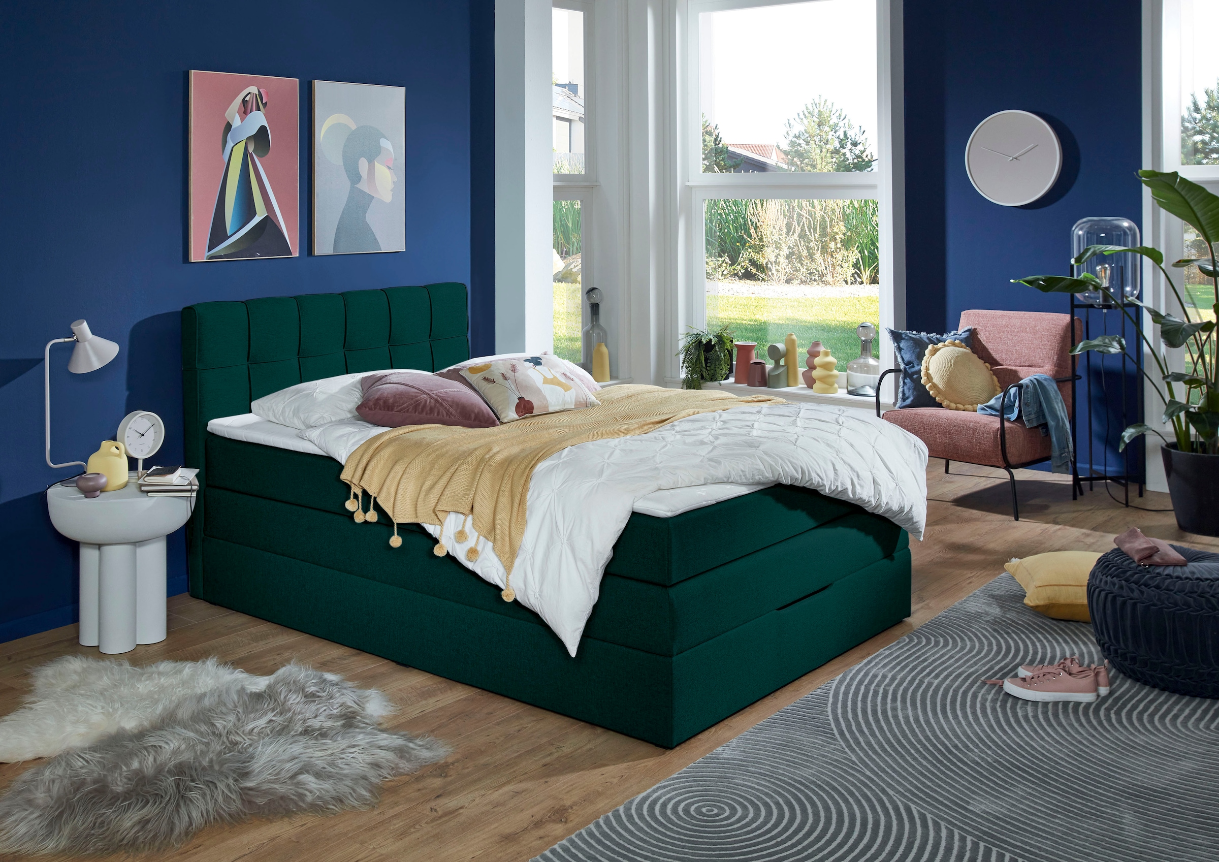 Boxspringbett HOME AFFAIRE "Fornoli", blau (nachtblau), B:140cm L:210cm, Komplettbetten, Boxspringbett, inkl. Topper und Bettkasten, H3 in zwei Matratzenarten