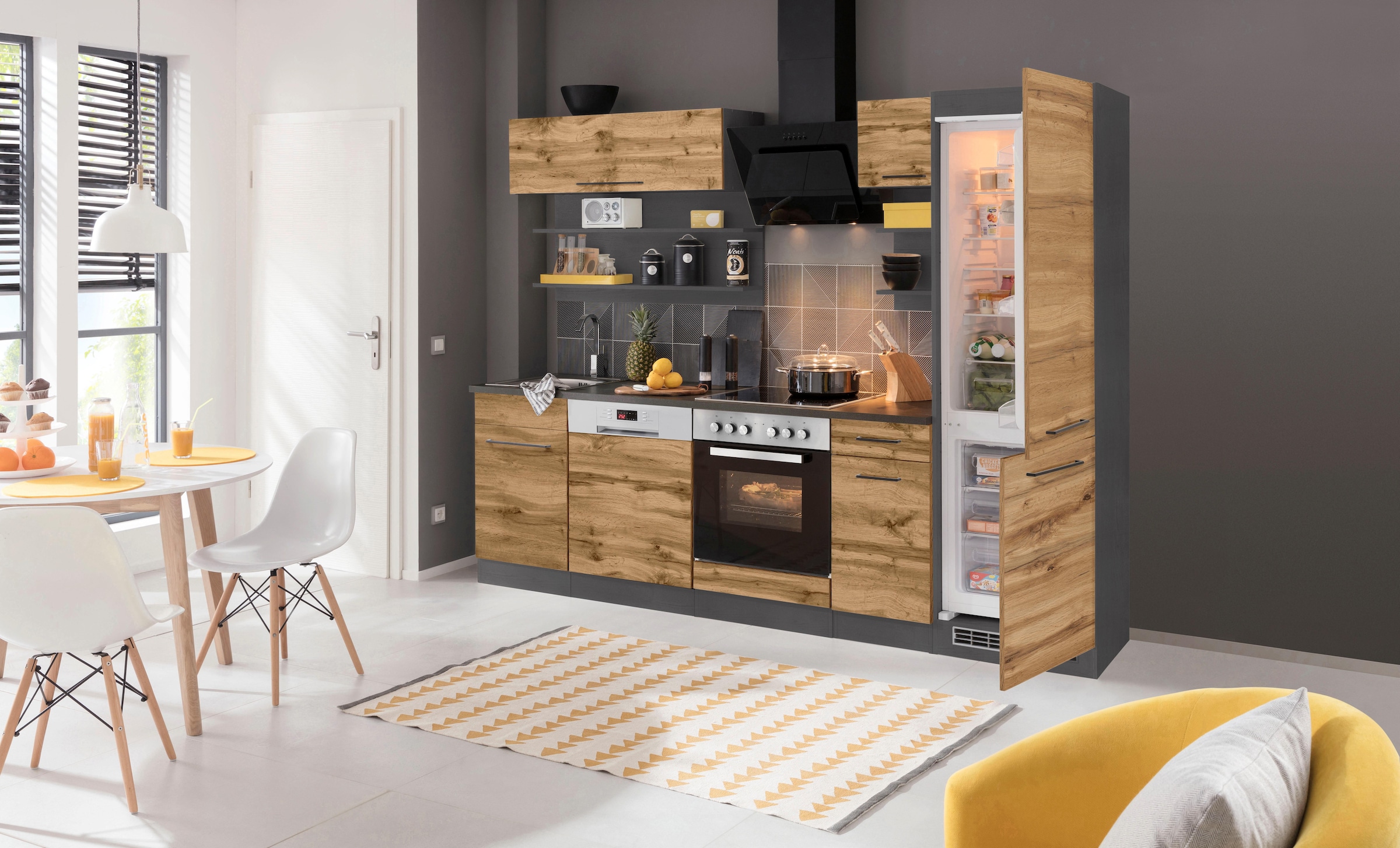 KOCHSTATION Küchenzeile »KS-Tulsa«, mit E-Geräten, Breite 270 cm, schwarze Metallgriffe, MDF Fronten
