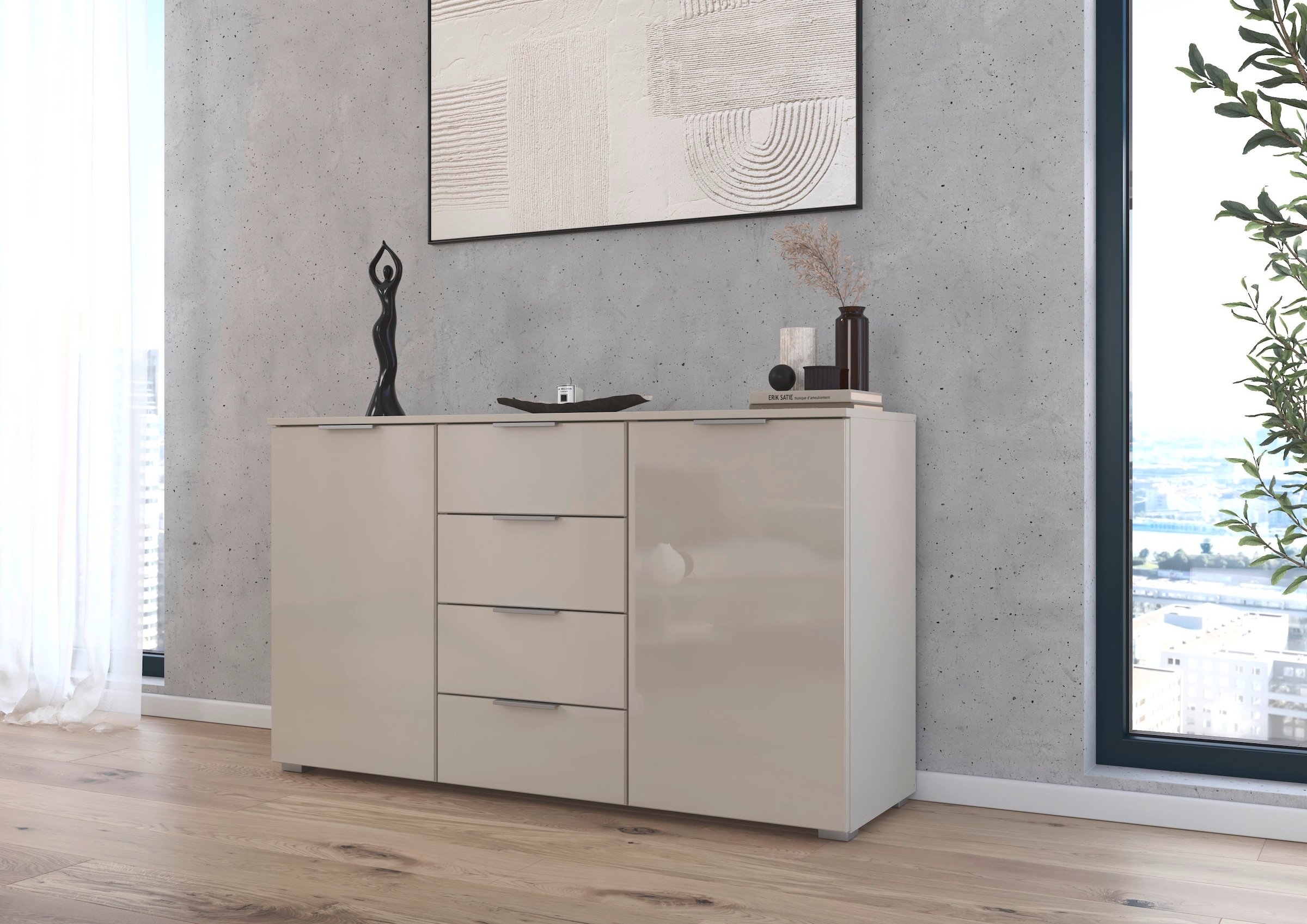 rauch Kombikommode »Sideboard Kombikommode Schubladenkommode AGORDO mit Glasfront«, (in zwei Griff-Farben, Breite 120 cm), vier große Schubladen, mit insgesamt 4 Einlegeböden MADE IN GERMANY