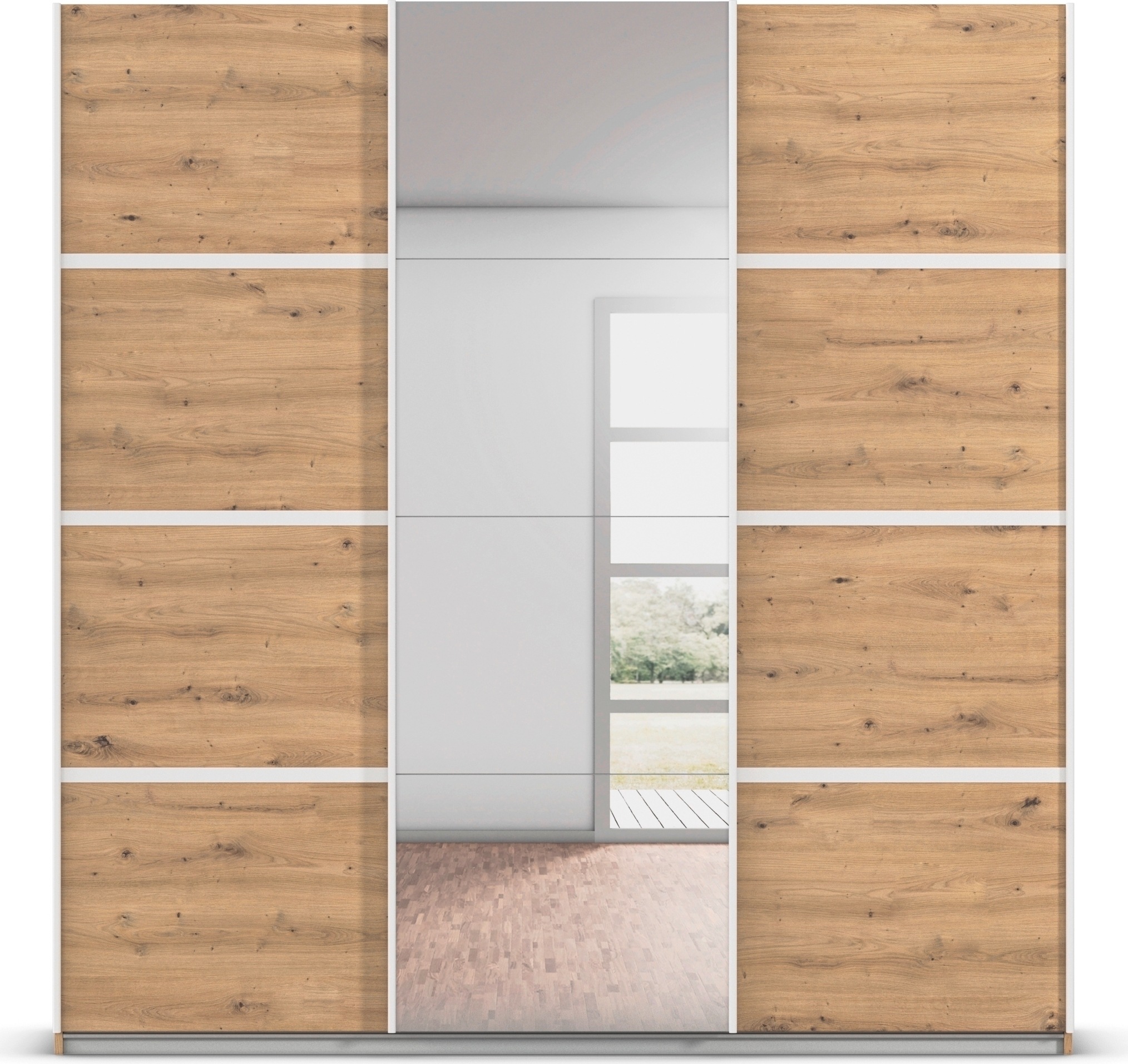 rauch Kleiderschrank »Schwebetürenschrank OTTO´s Choice Garderobe Schrank TOP ANGEBOT Avola«, (in 3 verschiedenen Ausstattungen BASIC/CLASSIC/PREMIUM inkl. Spiegel), mit eleganten Zierleisten in Chrom, Schwarz oder Weiß MADE IN GERMANY