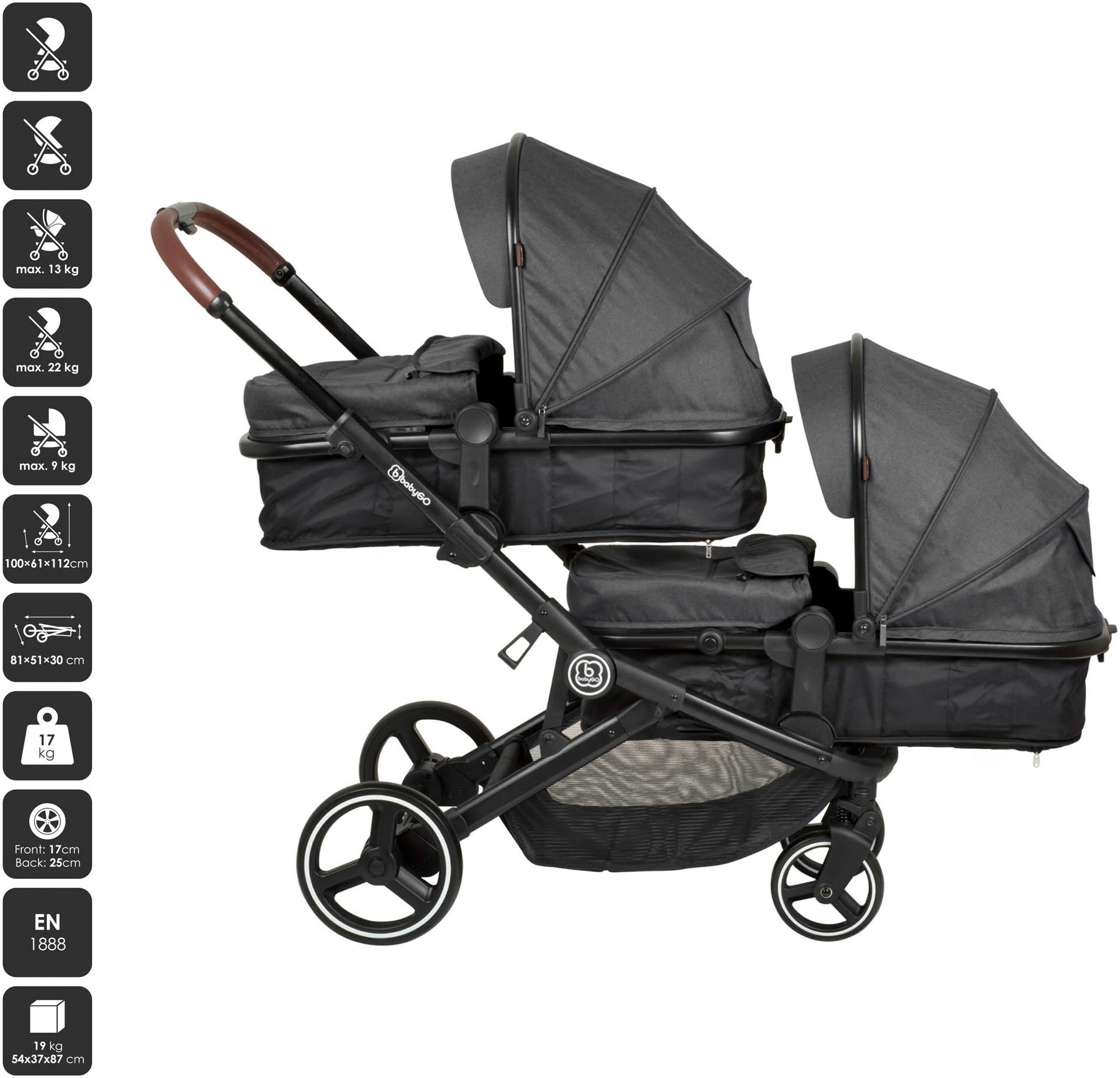 BabyGo Zwillings-Kombikinderwagen »Twinner Set, Grey melange«, 30 kg, inkl. 2 Regenhauben, Wickeltasche