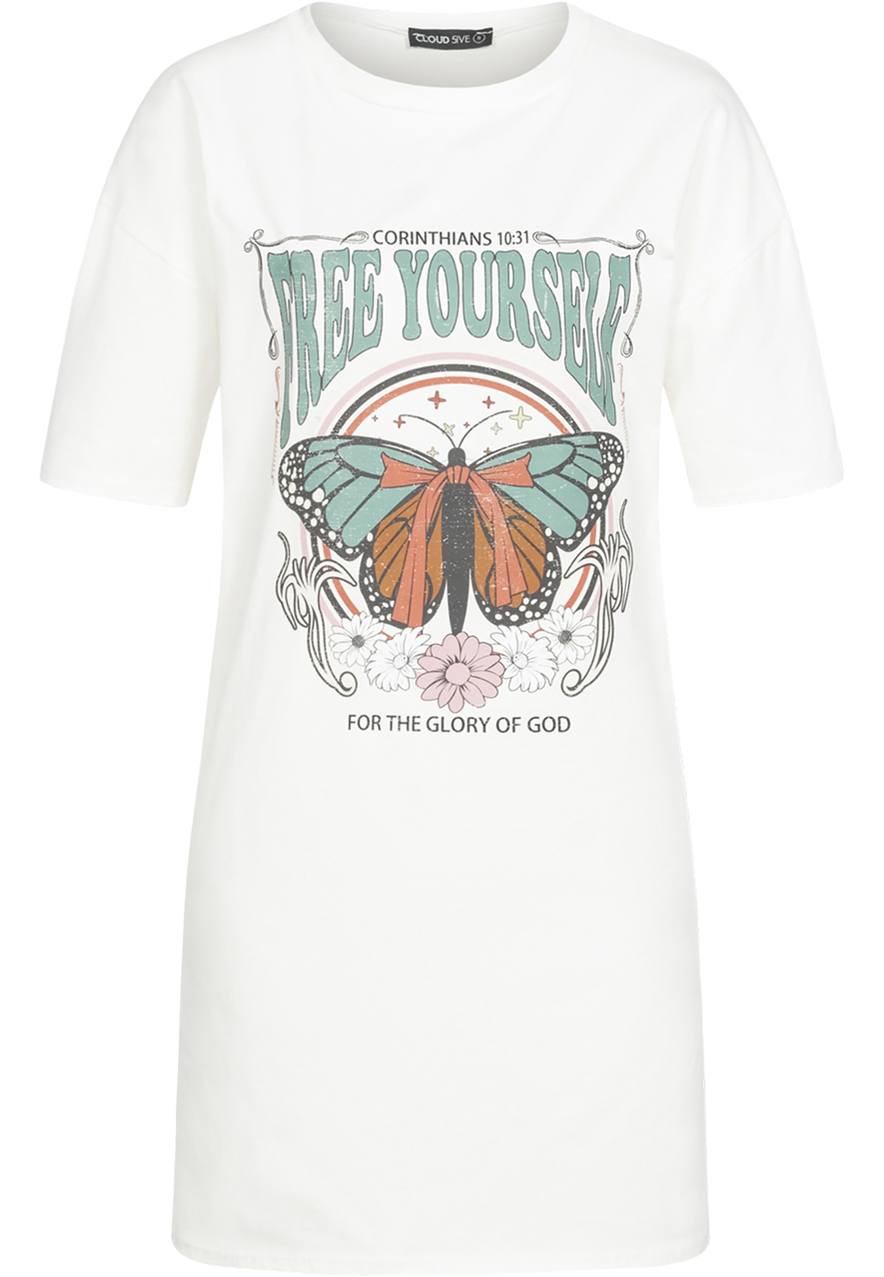 CLOUD 5IVE T-Shirt "CLOUD 5IVE T-Shirt-Kleid mit Free Yourself Butterfly Print" 1 Stk.