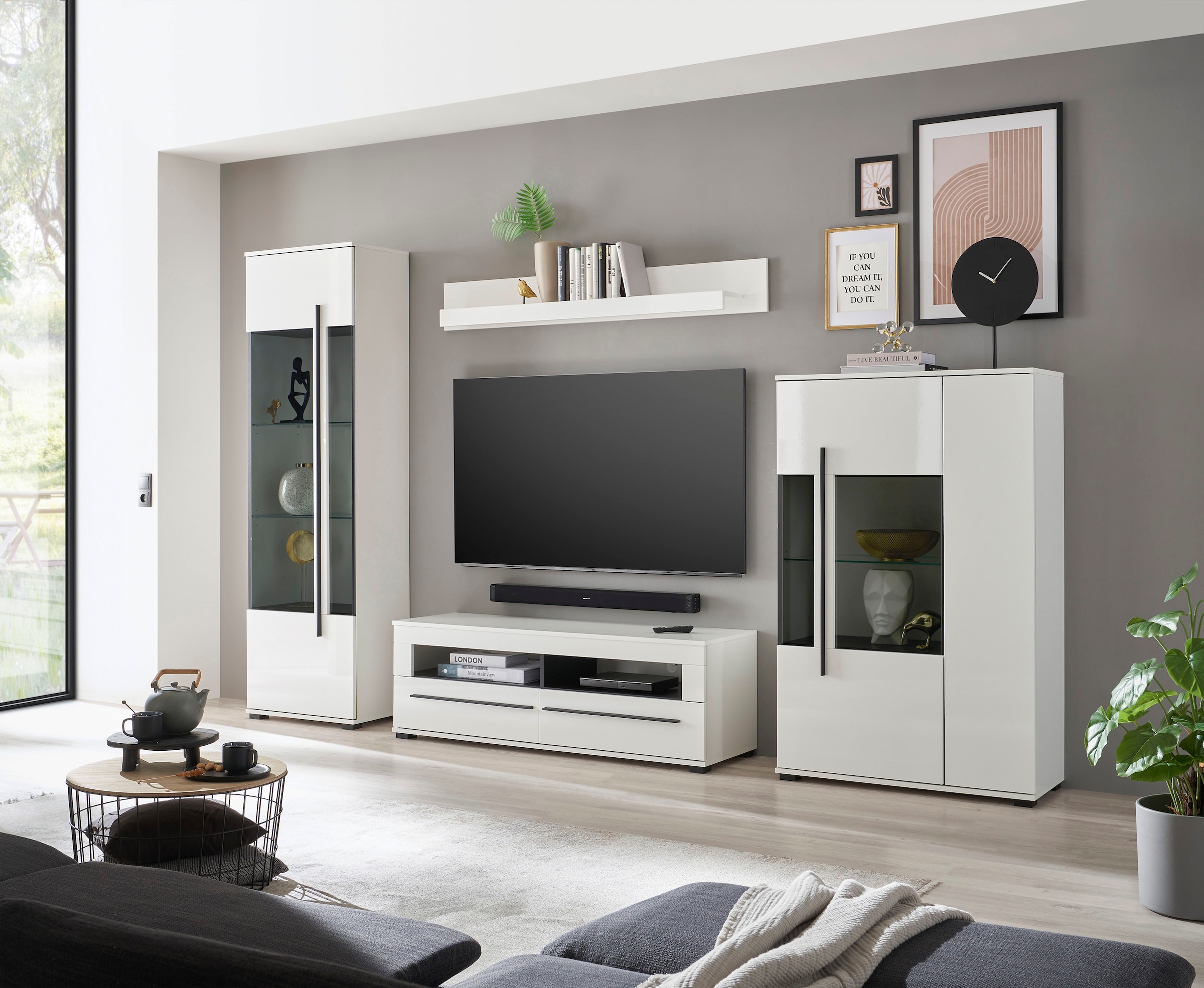 INOSIGN Wohnwand »Cantara, moderne Anbauwand, Wohnzimmer-Set, in Eiche Evoke oder Weiß«, (Set), enthält zwei Vitrinen, ein Lowboard und ein Wandboard