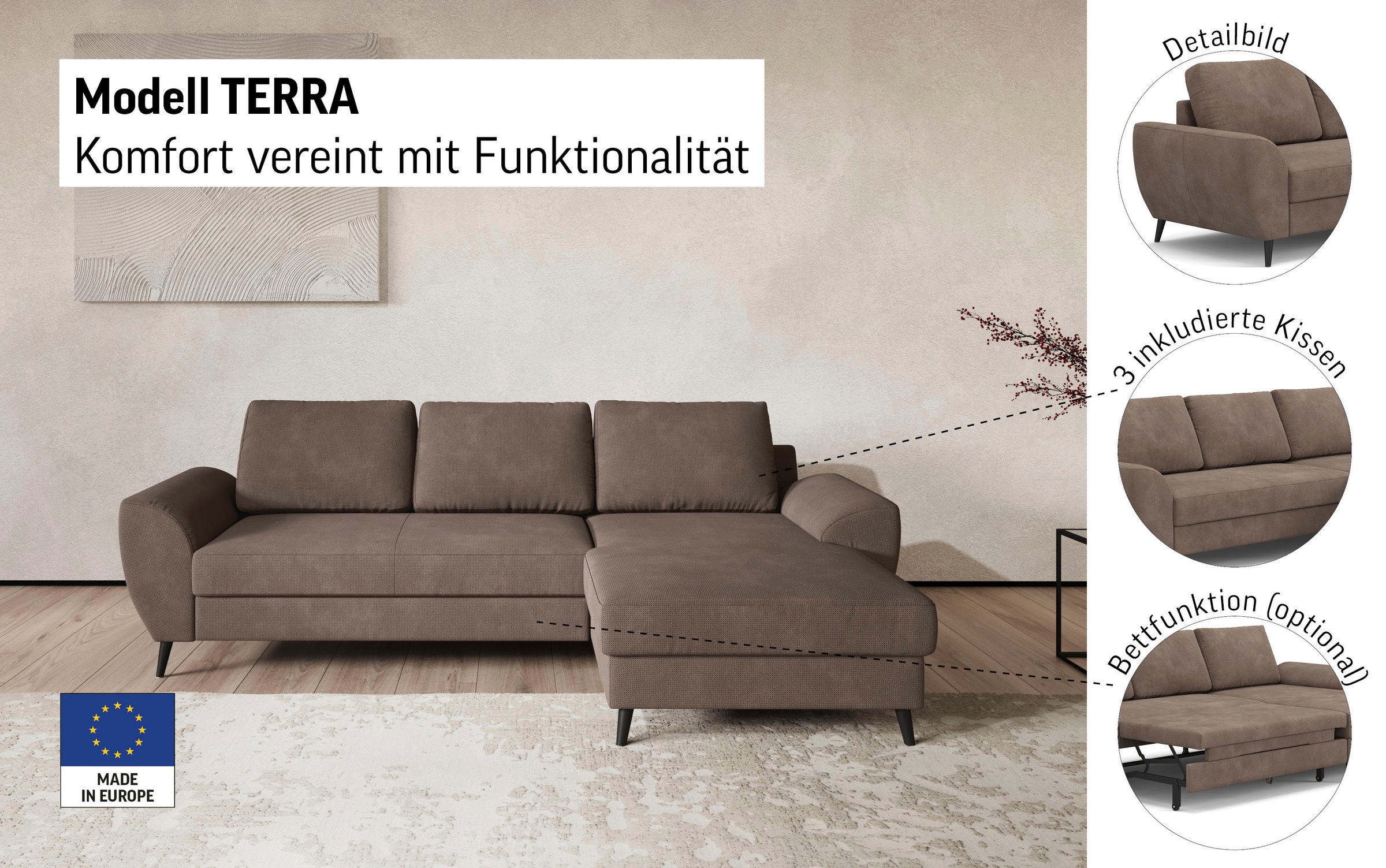 Thumbnail - COTTA Ecksofa "Terra L-Form, Breite 255 cm" wahlweise mit Bettfunktion