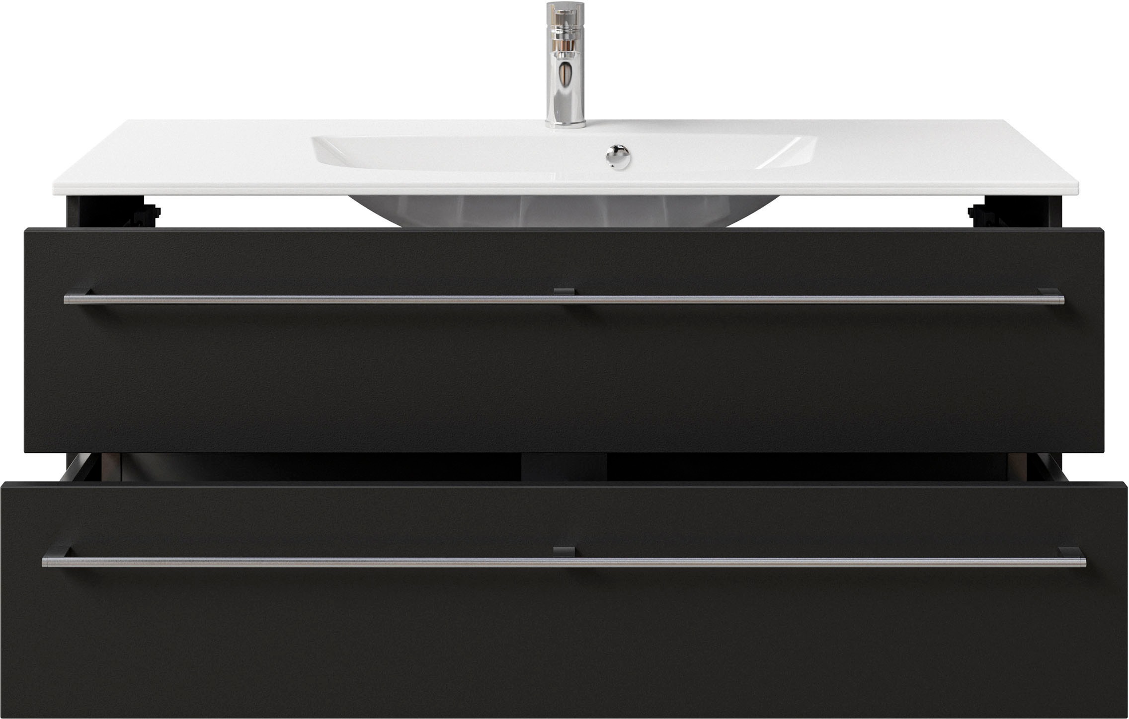 Saphir Badmöbel-Set »Serie 6025 2-teilig Mineralmarmor-Waschtisch mit LED-Spiegelschrank«, (2 St.), Waschplatz 117cm breit, 2 Schubladen, 3 Spiegel-Türen, inkl Türdämpfer