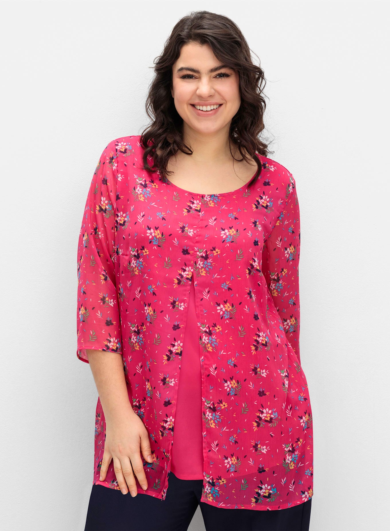 Longbluse CLASSIC BASICS, Damen, Gr. 54, bunt (pink, marine, bedruckt), 100% Polyester, geblümt, gemustert, mehrfarbig, Rundhals, Blusen Longbluse
