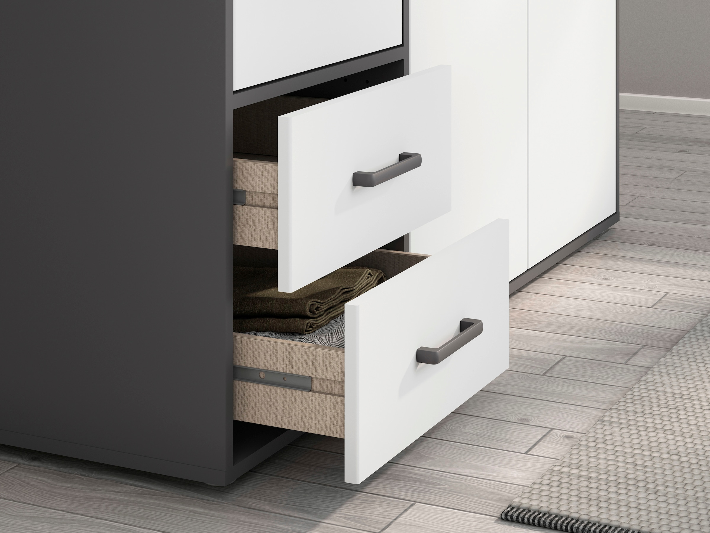 rauch Drehtürenschrank »Kleiderschrank Schrank Garderobe Wäscheschrank VOYAGER«, moderne Griffe in Graumetallic mit Außenschubkästen MADE IN GERMANY