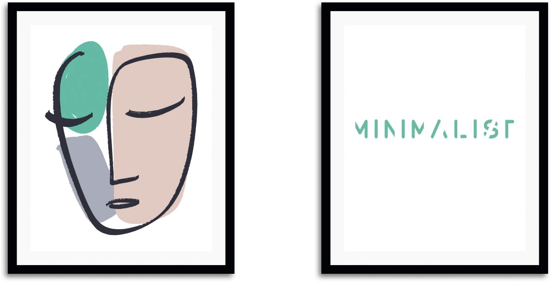 queence Bild »Minimalistic«, Schriftzug-Schwarz-Weiß-Fashion-Mode-Magazincover-Frau-Bilder von Frauen-Schriftzug-Sprüche & Texte, (2 St.), gerahmt
