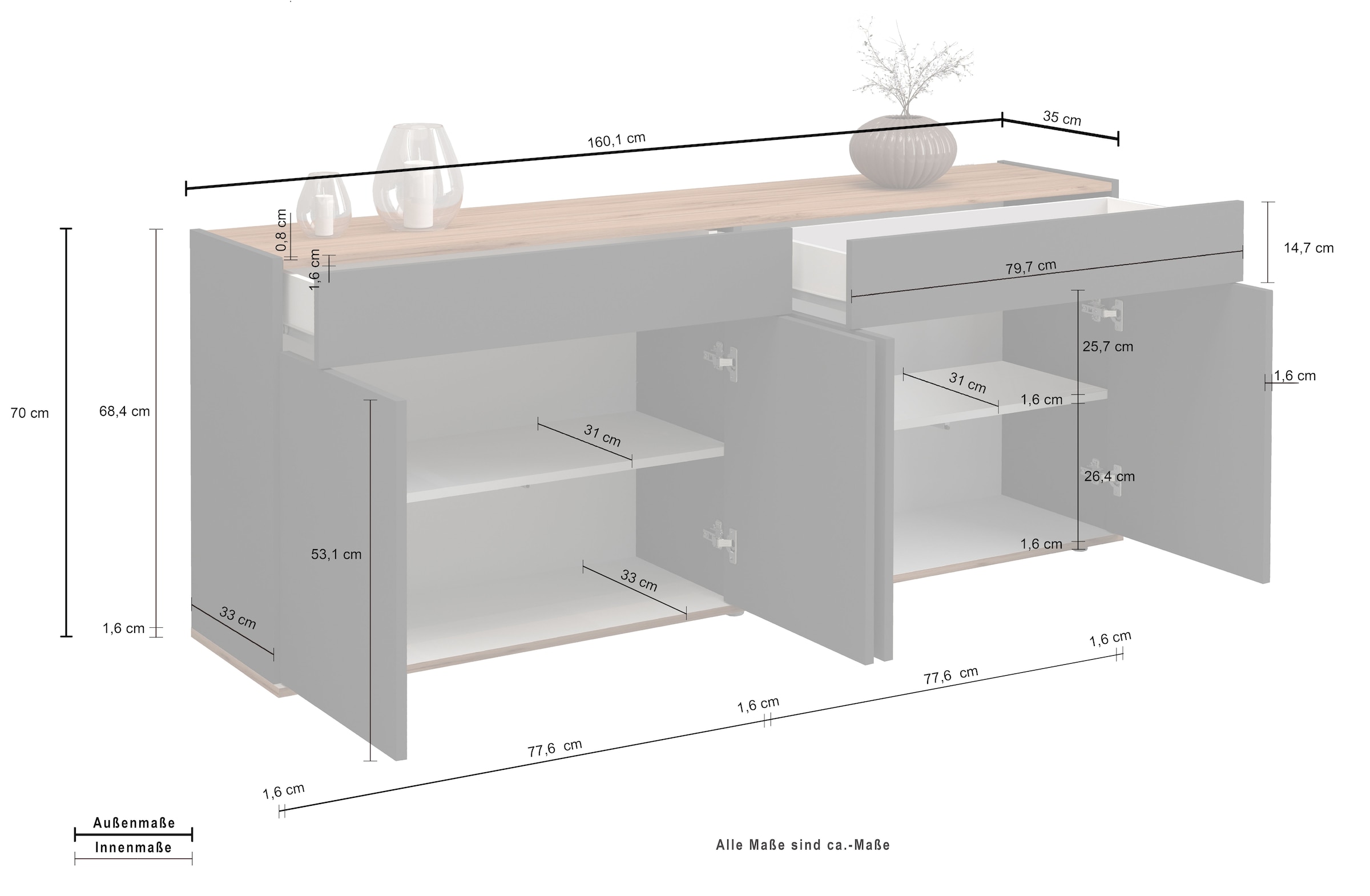 INOSIGN Sideboard »Garda, Kommode, Schrank, Kredenz«, 4 Türen, 2 Schubladen, grifflos Breite 160,1 cm