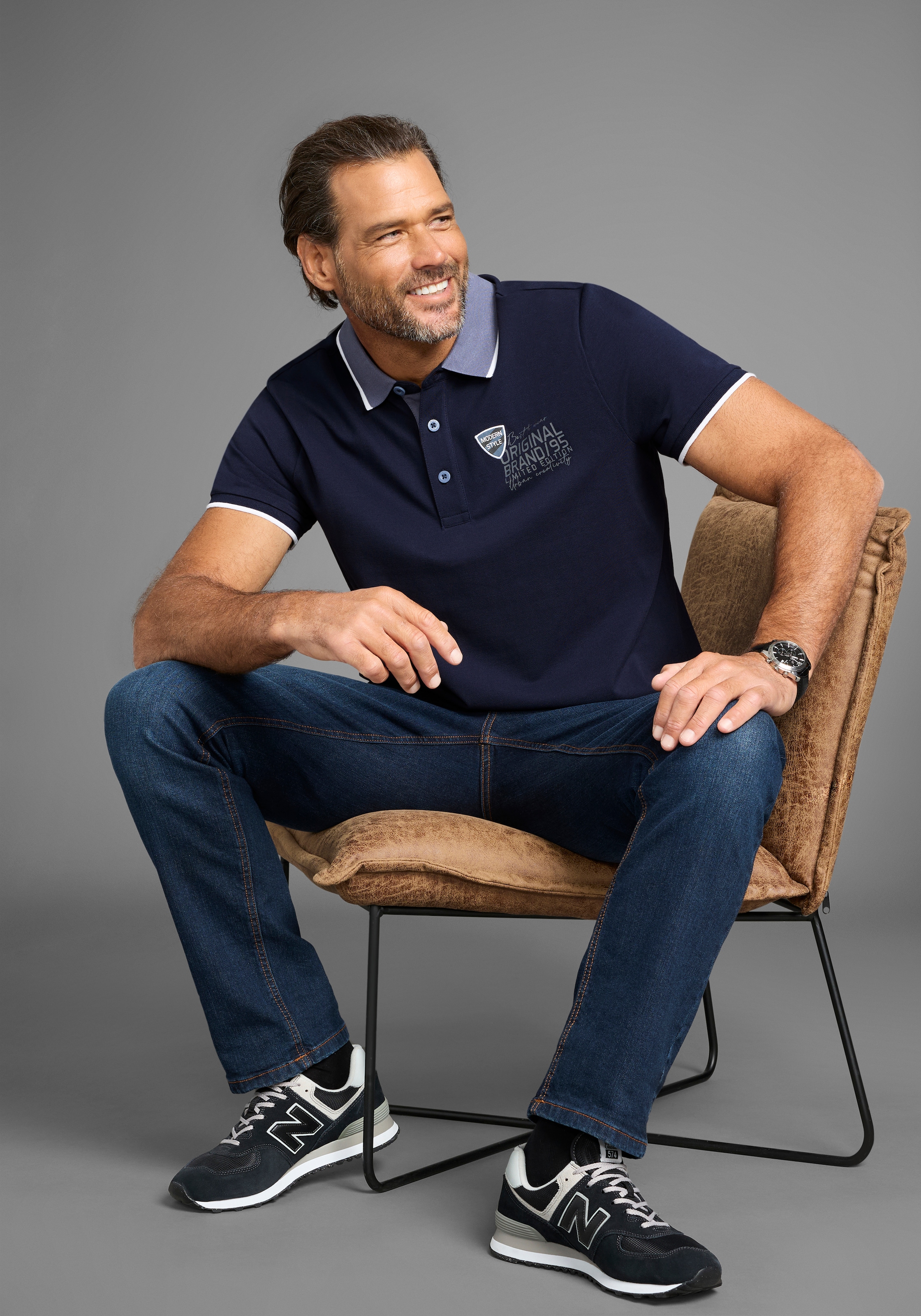 Man's World Poloshirt, mit Brustprint, meliertes Material