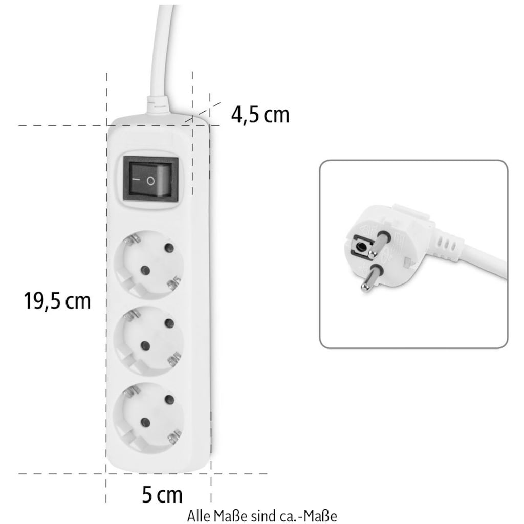 Hama Steckdosenleiste »Mehrfachsteckdose, 3-fach, Steckerleiste mit Schalter, 3 m Kabel, weiß«, 3-fach, (Kabellänge 3 m)