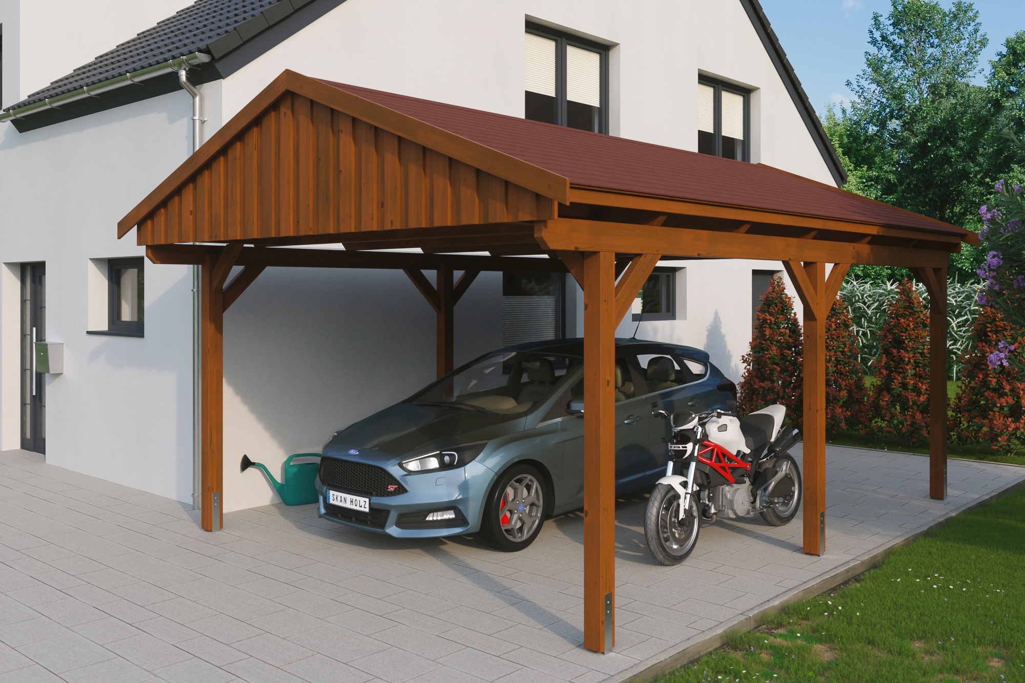 Skanholz Einzelcarport "Fichtelberg" Leimholz braun mit roten Schindeln