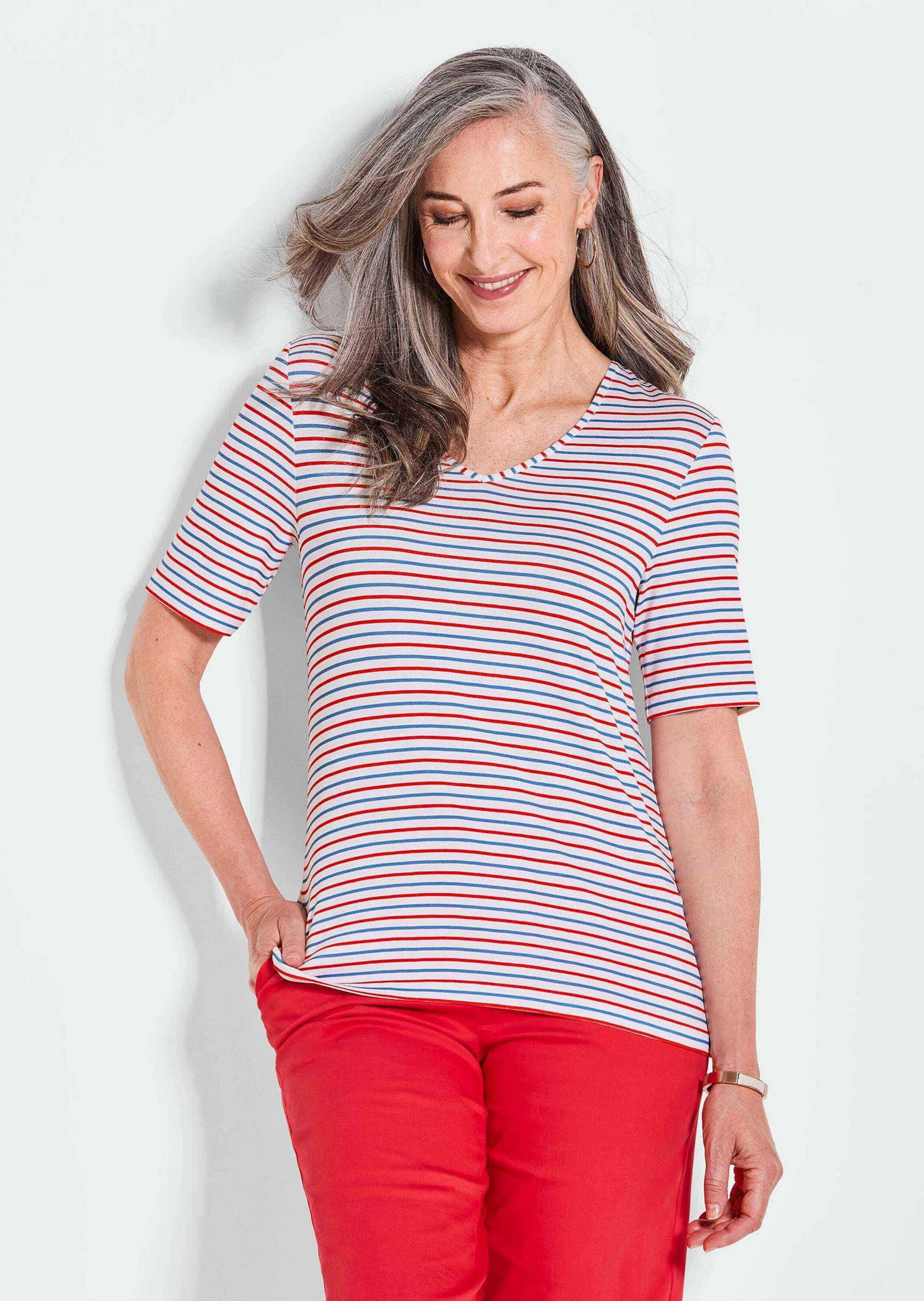 GOLDNER Kurzarmshirt »Maritimer Streifenlook mit V-Ausschnitt«