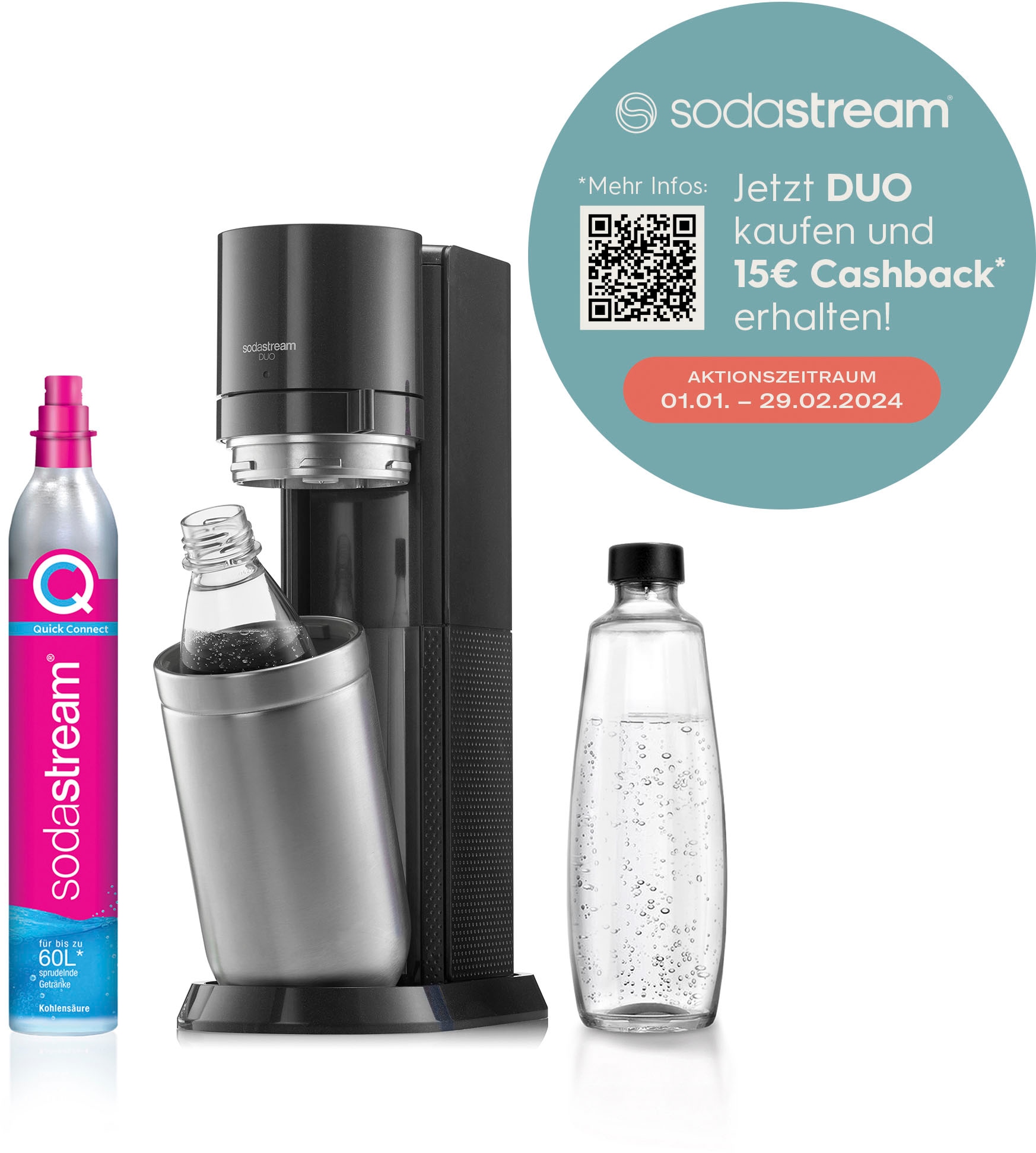 SodaStream Wassersprudler DUO Comfort-Set mit CO2-Zylinder, 2X 1L  Glasflasche, 2X 1L spülmaschinenfeste Kunststoff-Flasche und sytlischem  Flaschenhalter, Höhe: 44cm, Farbe: Titan : : Küche, Haushalt &  Wohnen