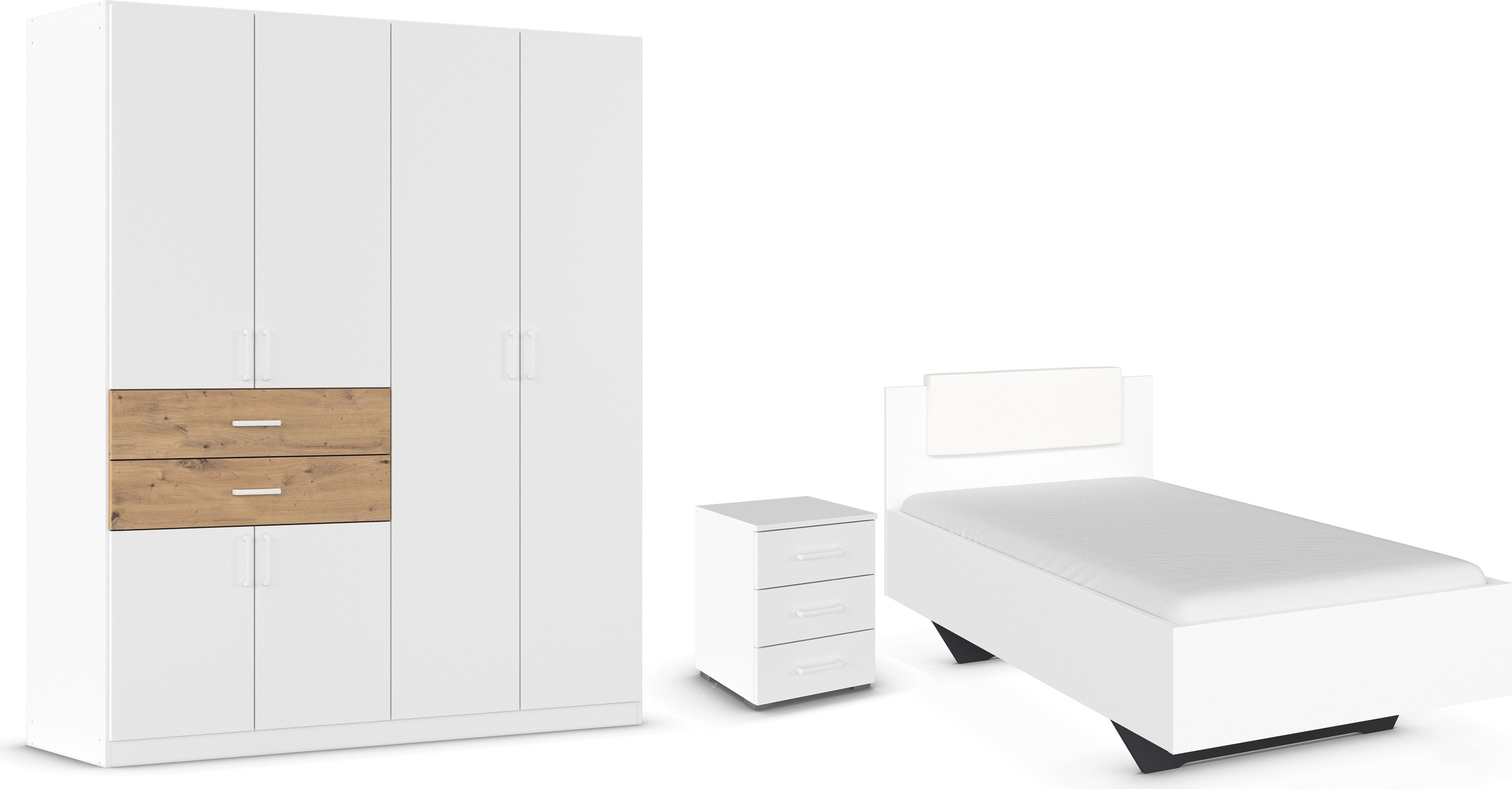 rauch "Komplettzimmer Komplettschlafzimmer Schlafzimmer-Set (3-St.) MAIKA" Set, 3 Stk. tlg. Schrank 3 Breiten, 2 Höhen, Bett 100 cm, Nachttisch MADE IN GERMANY