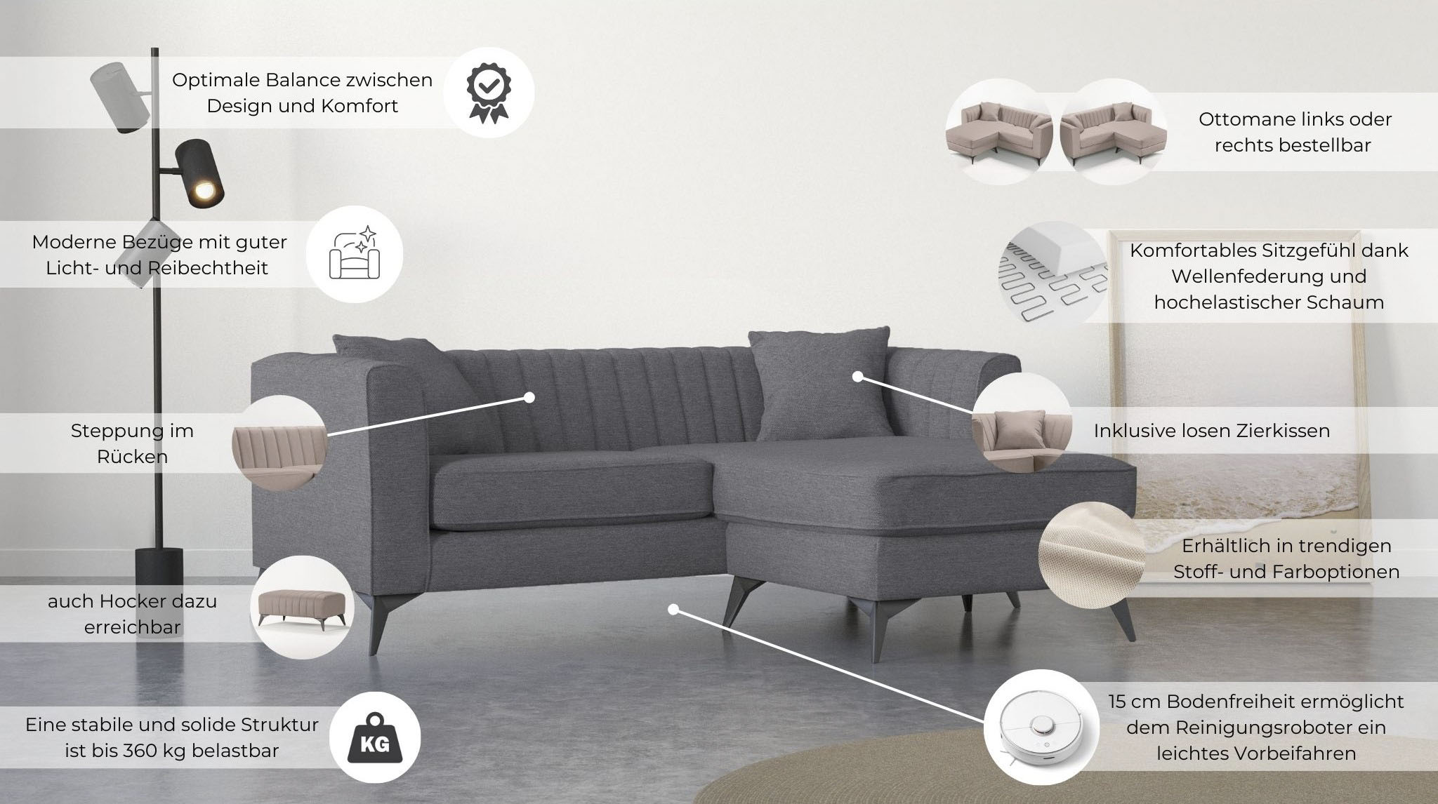 Thumbnail - Home affaire Ecksofa "MATTHEW L-Form ideal für kleine Räume, Maße B/T/H: 201/162/74 cm" elegantes Designsofa, feine Step...