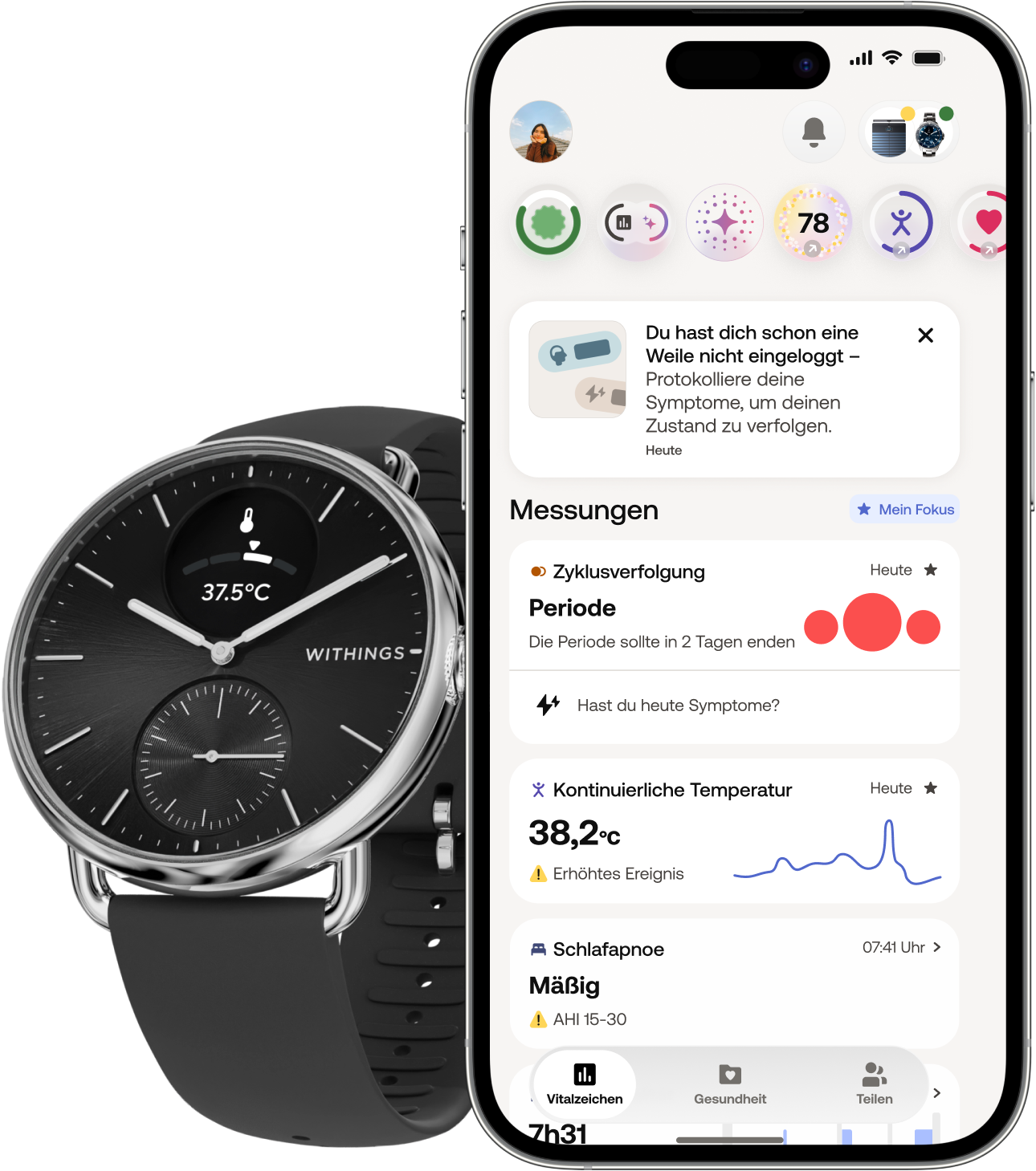 Withings Smartwatch »ScanWatch 2 38mm, hybrid, Akku bis 35 Tage, 50 M Wasserdicht« HealthSense OS