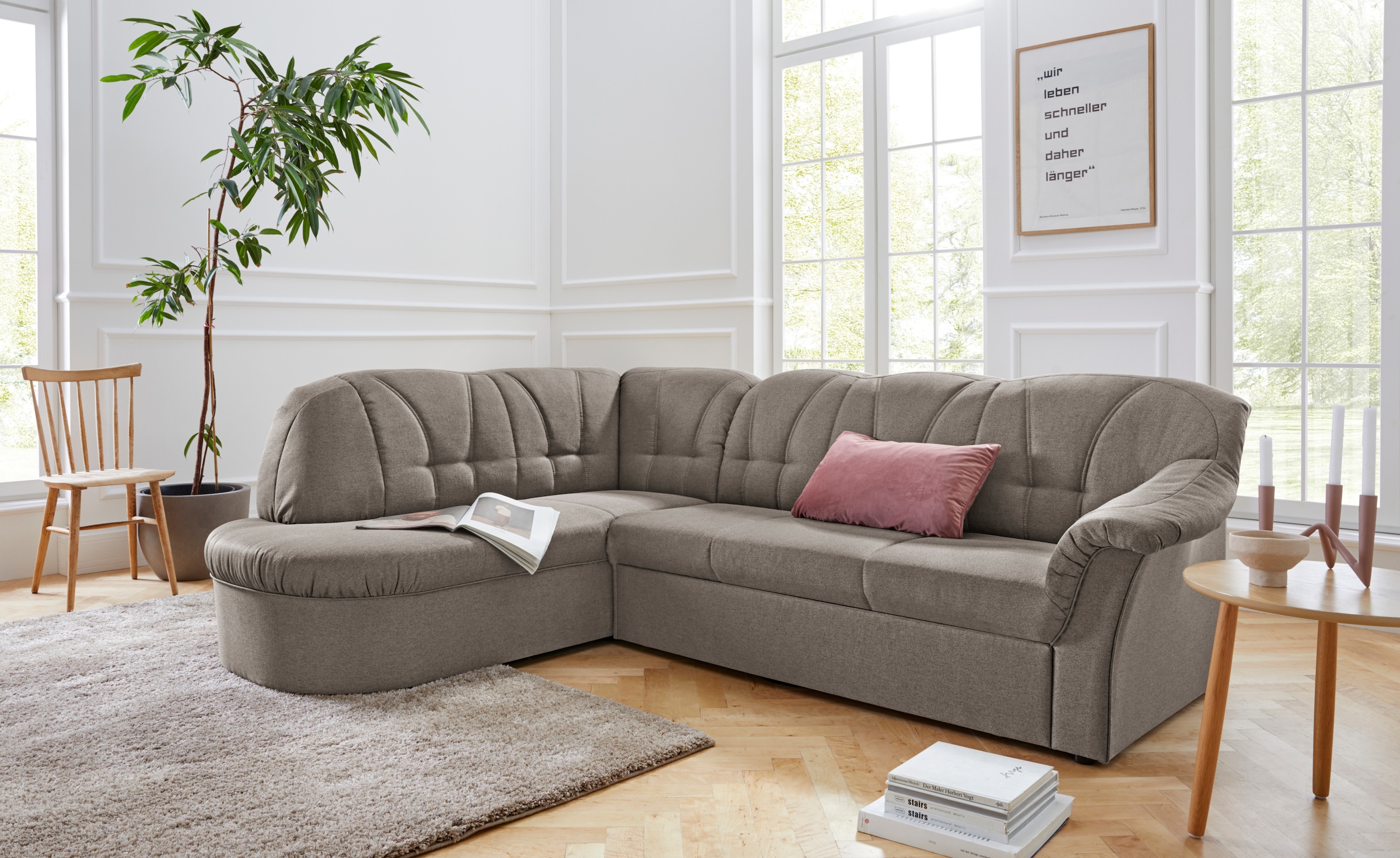 DOMO collection Ecksofa "Pegnitz, zeitlose und elegante Rückensteppung, Breite 246cm, L-Form" wahlweise mit Bettfunktion