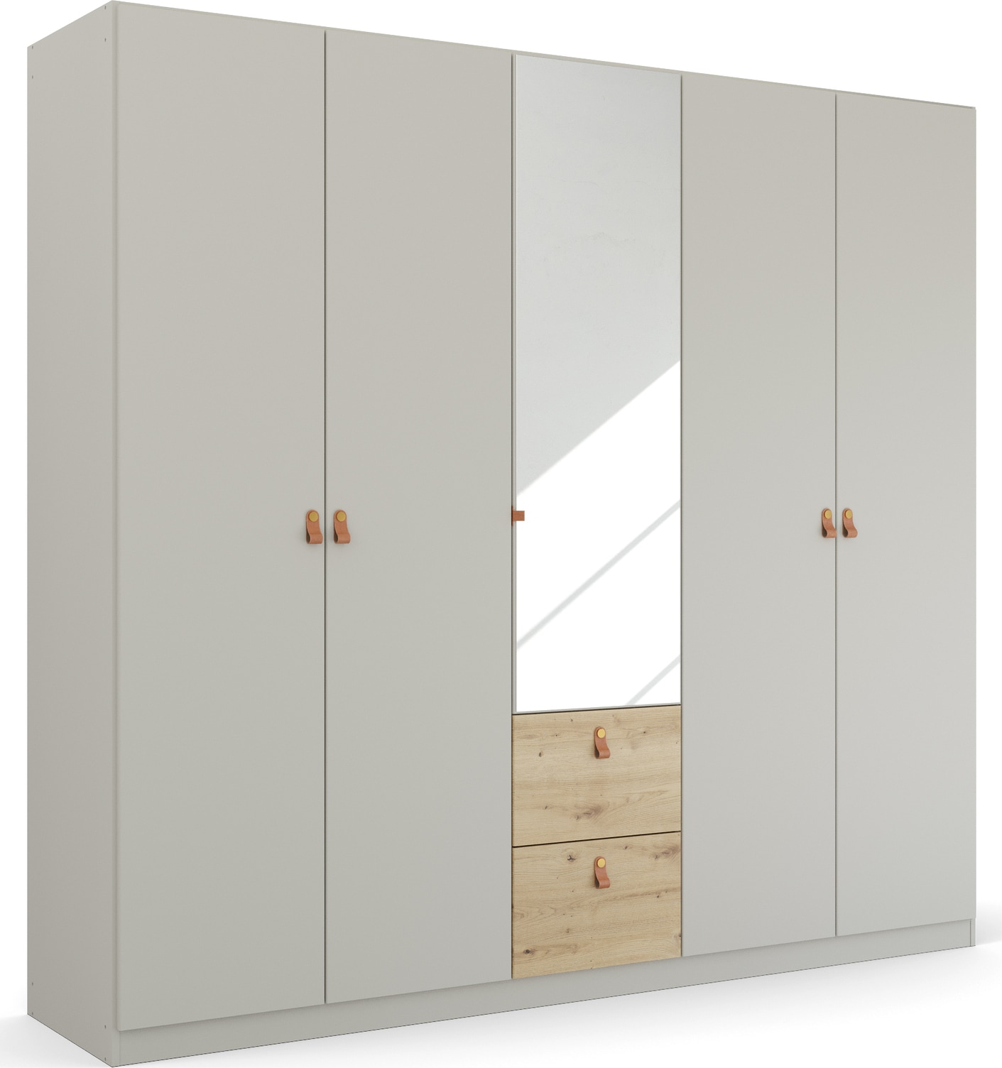 rauch "Kleiderschrank Schrank Garderobe Ankleide HOMEY BY QUADRA SPIN" Breiten: 181/226/271 cm, Höhe 210 cm, mit cognacbraunen Ledergrifflaschen, Schubladen in Eichen-Dekor