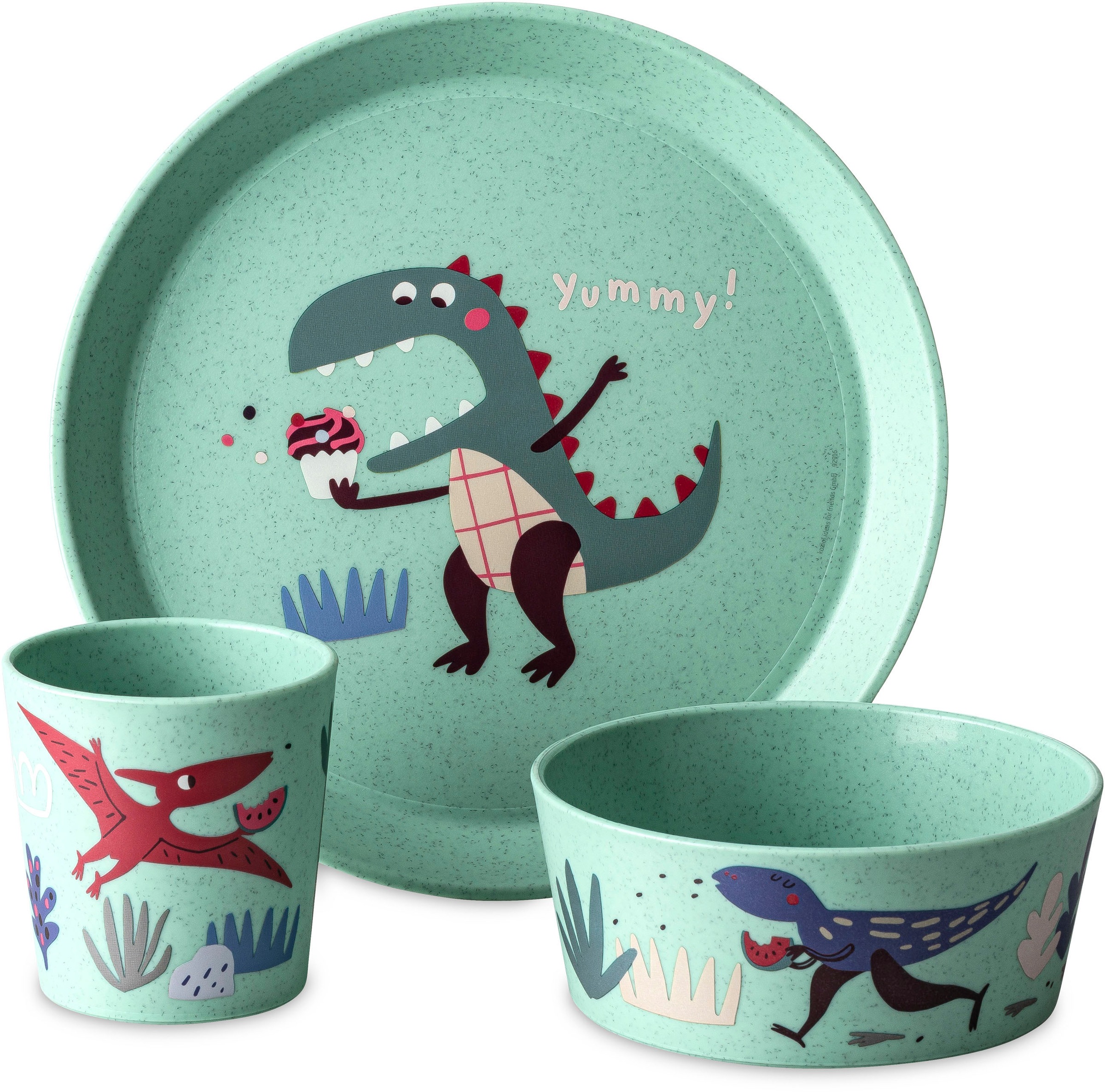 KOZIOL Kindergeschirr-Set "Kleiner Teller + Schale + Becher CONNECT REX" 100% melaminfrei & recycelbar, CO² neutral in Deutschland produziert