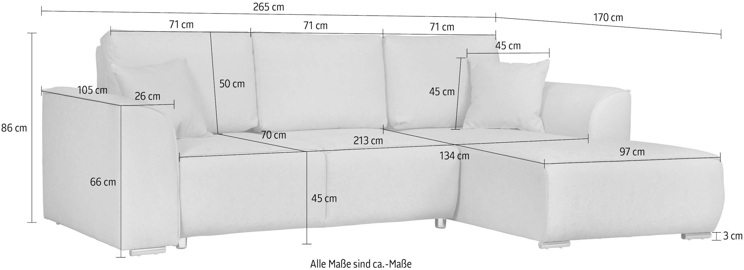INOSIGN Ecksofa »BEATRICE optionale Schlafsofa mit Bettkasten, B/T/H: 265/170/86 cm«, L-Form, wahlweise auch mit Bettfunktion und Bettkasten
