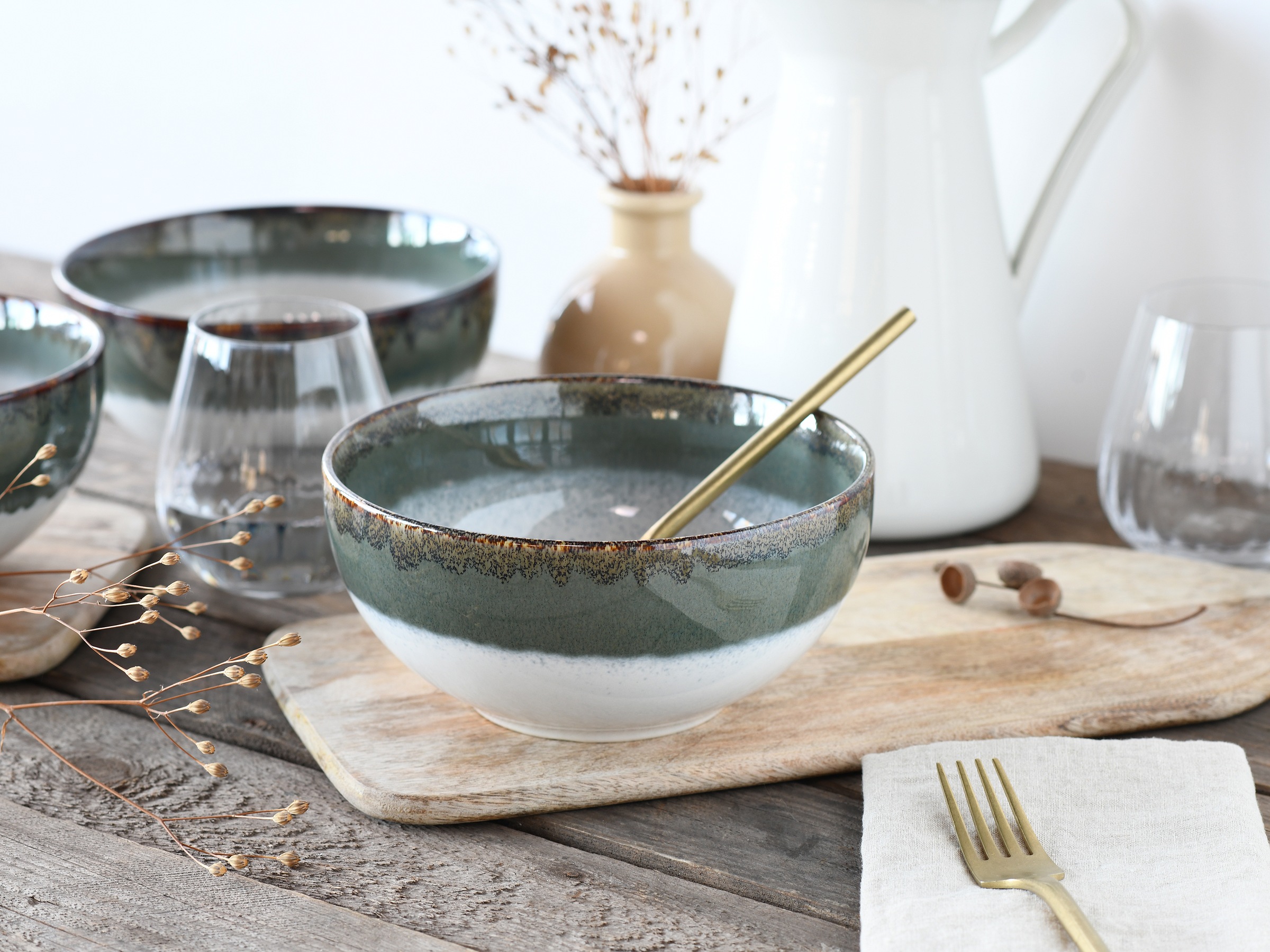 CreaTable Schale »Cascade, Buddha Bowl 17,5 cm 4-tlg«, 4 tlg., aus Steinzeug, Rekativglasur, Healthy Food