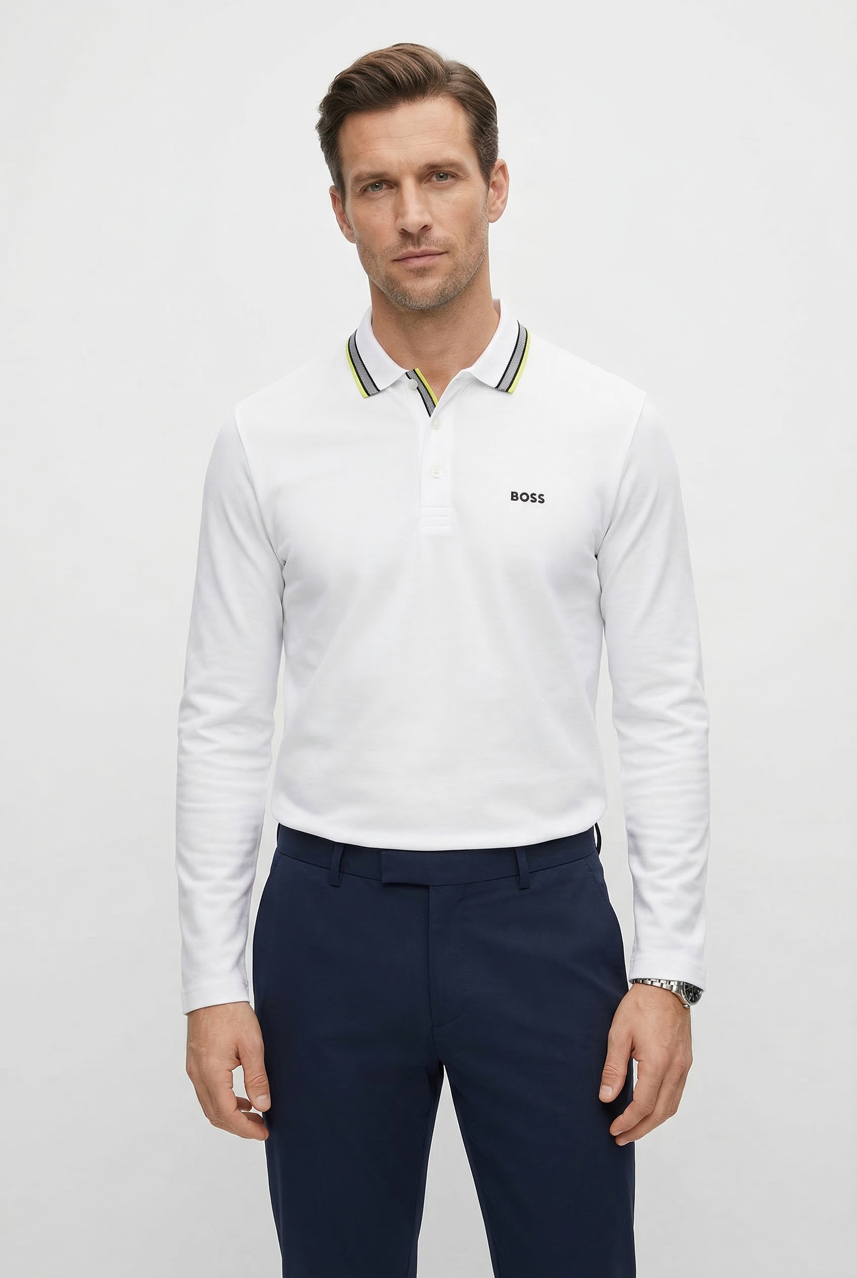 BOSS GREEN Langarm-Poloshirt "Plisy" mit Streifen am Kragen