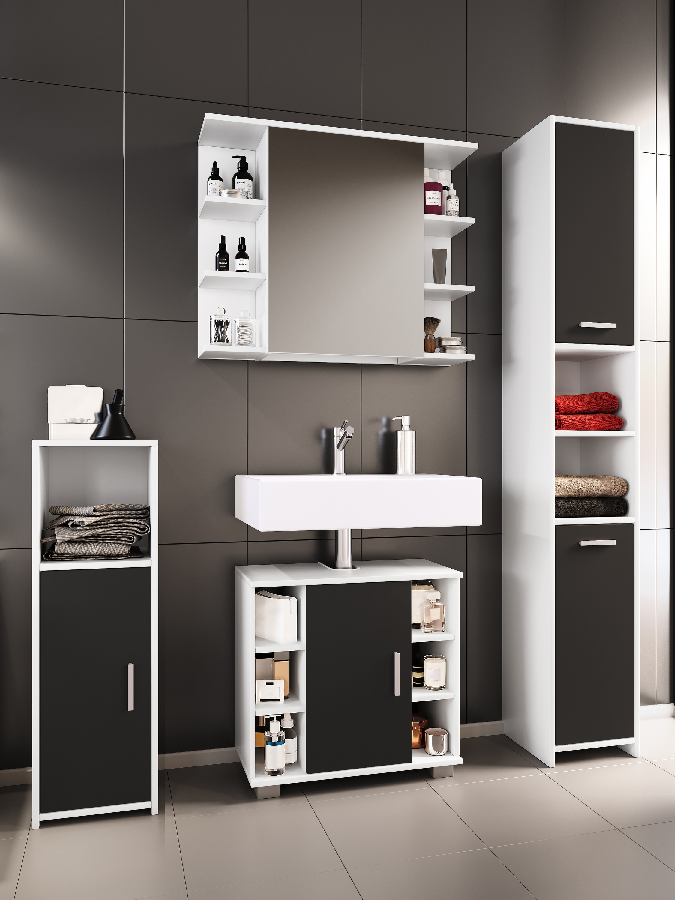 VCM Waschbeckenunterschrank »VCM 4-tlg. Badmöbelset | Badmöbel | Set aus Unterschrank, Midischrank, Hochschrank und Spiegelschrank | Badezimmermöbel - Zalo II« 4 Stk. tlg.