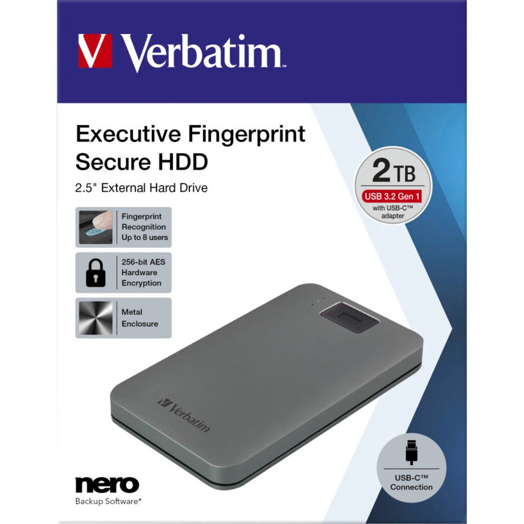 Verbatim externe HDD-Festplatte »Executive Fingerprint Secure 2TB«, 2,5 Zoll, Anschluss USB 3.2 Gen-1