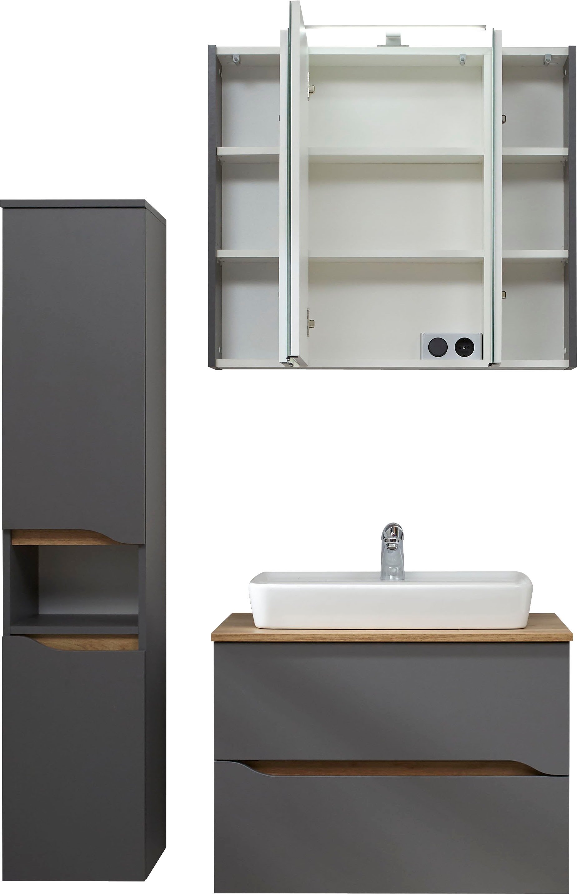 Thumbnail - Saphir Badmöbel-Set "Quickset 3-teilig, Keramik-Aufsatzbecken mit LED-Spiegelschrank" 3 Stk. tlg.