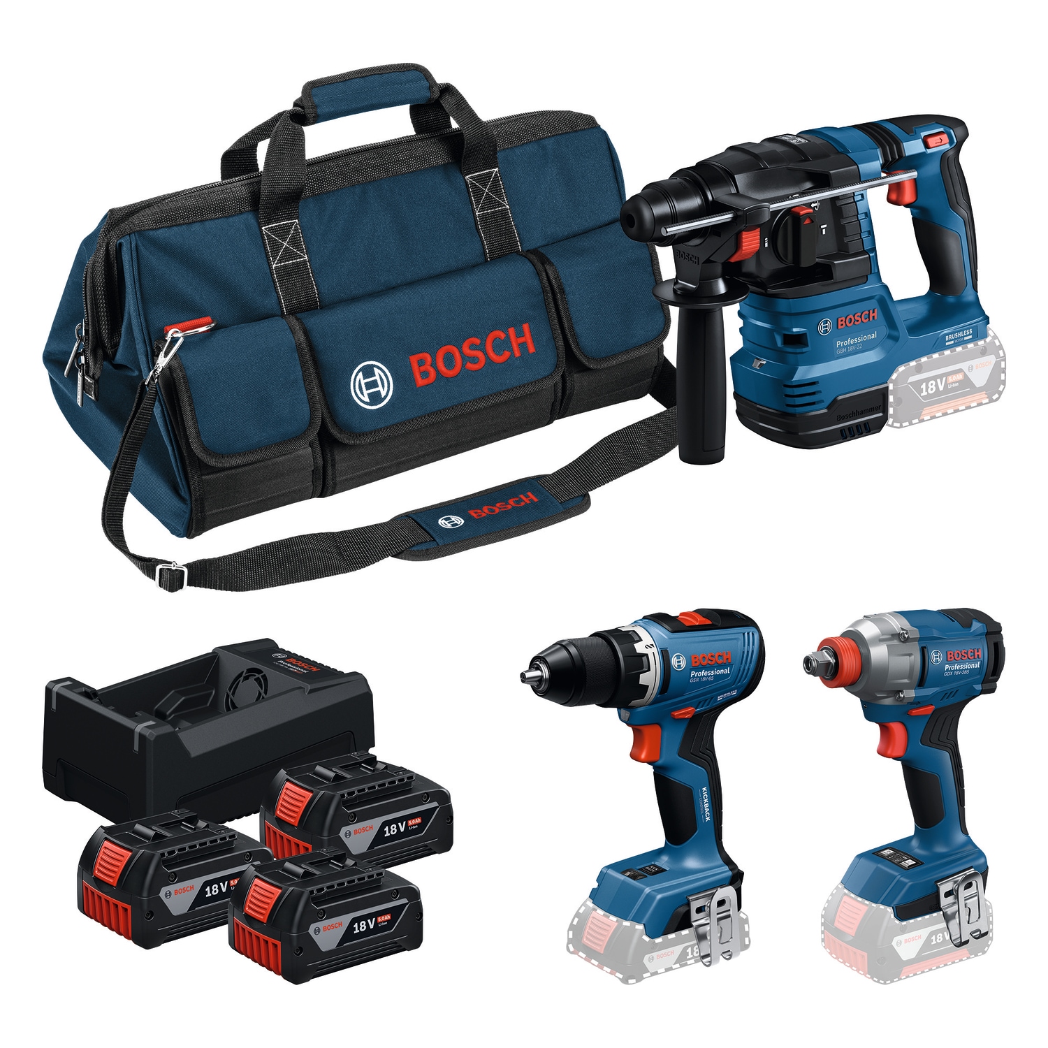 Bosch Professional Akku-Bohrschrauber "Combo Kit 18V Profi-Set" inkl. Drehschlagschrauber, Bohrhammer, 3 Akkus, Lagegerät und Tasche