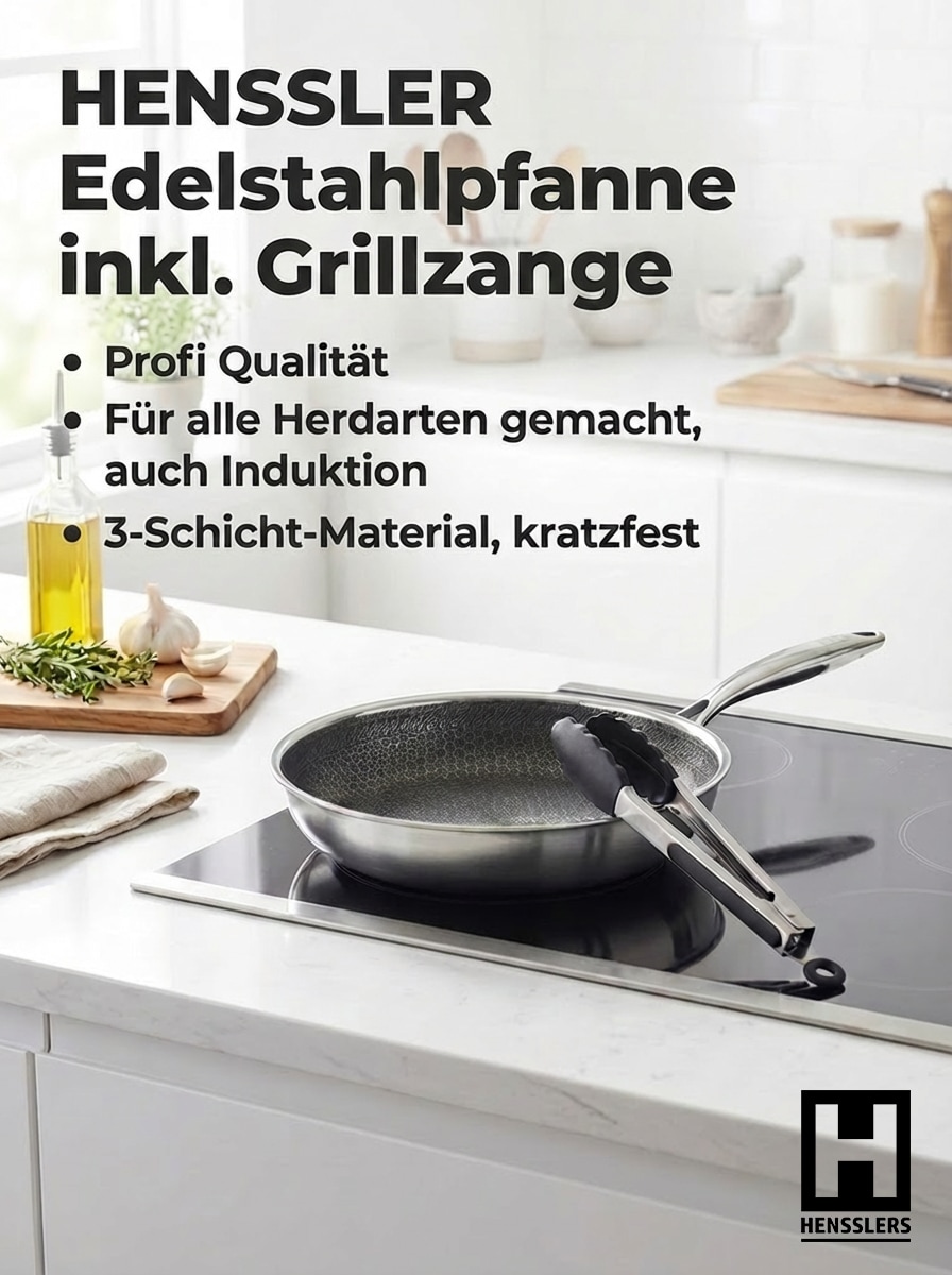 HENSSLERS Bratpfanne "Premium, inklusive Grillzange" Edelstahl Set, 2 tlg.