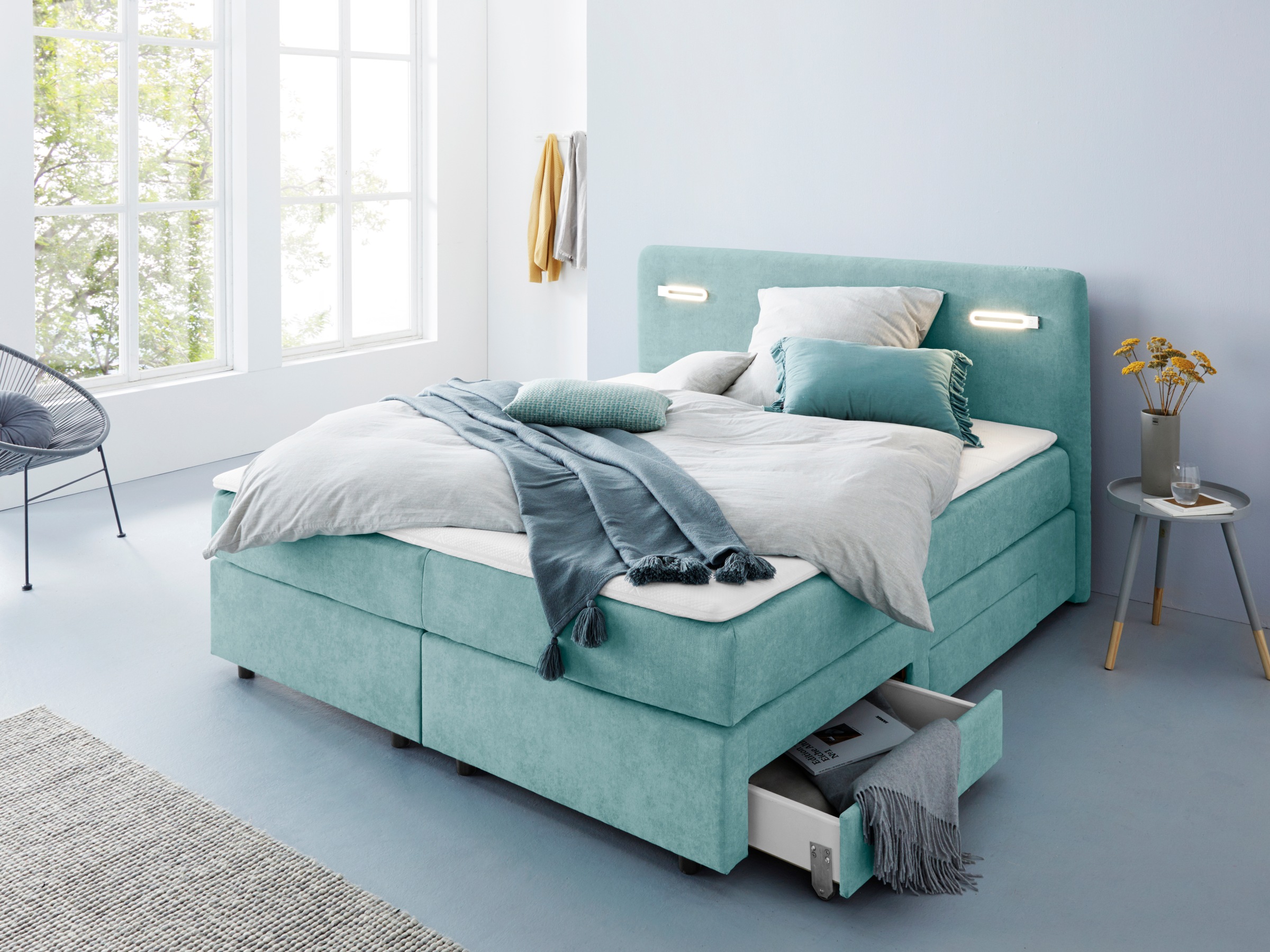 INOSIGN Boxbett »Luan«, Schubkästen, LED-Beleuchtung und Topper, in Breite 120 cm und 180 cm