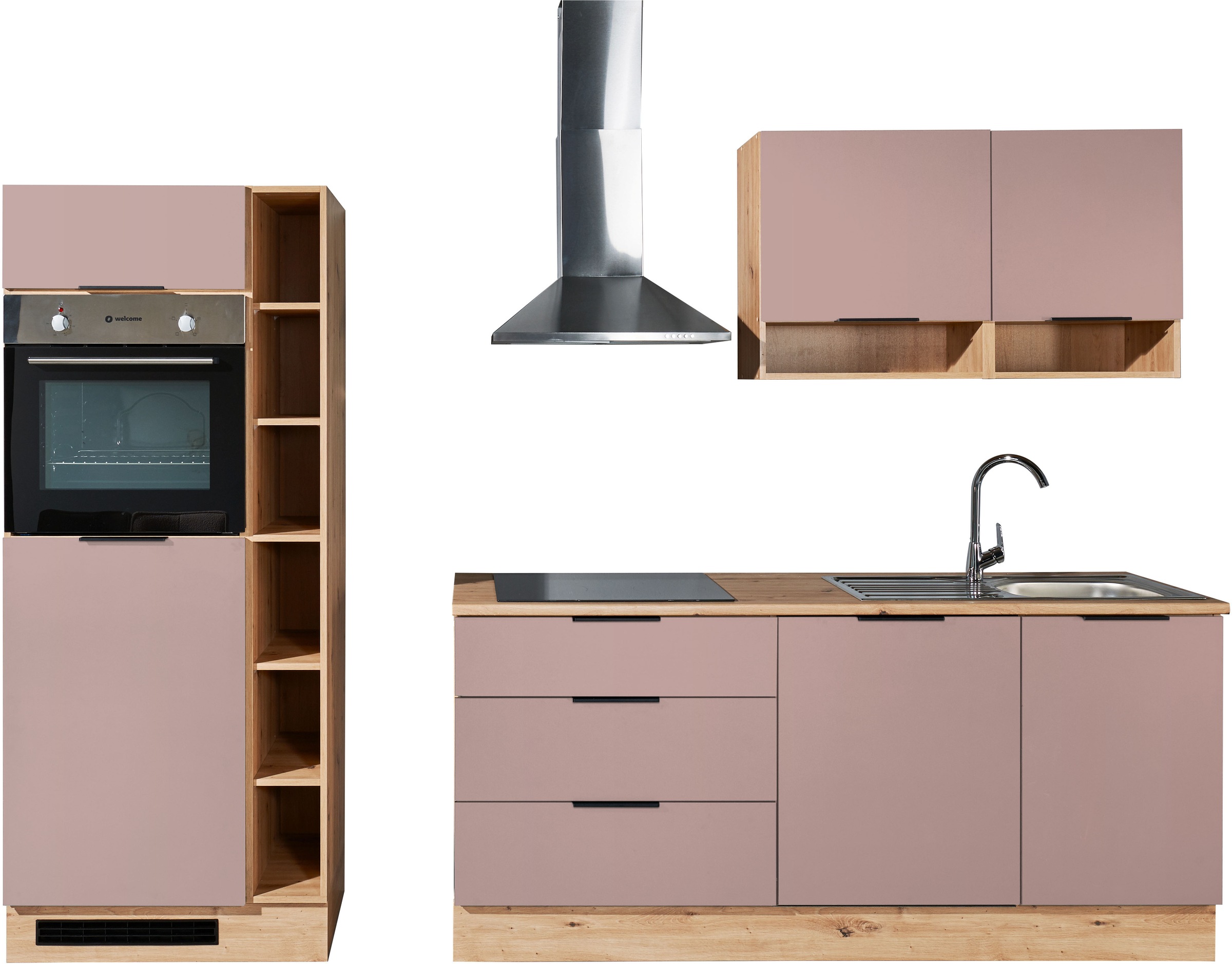 Küchenzeile, B:270cm H:211cm T:60cmküche: rosa, front: pastellrosafarben, korpus: artisan eichefarben, arbeitsplatte: artisan eichefarben, BASIC BY