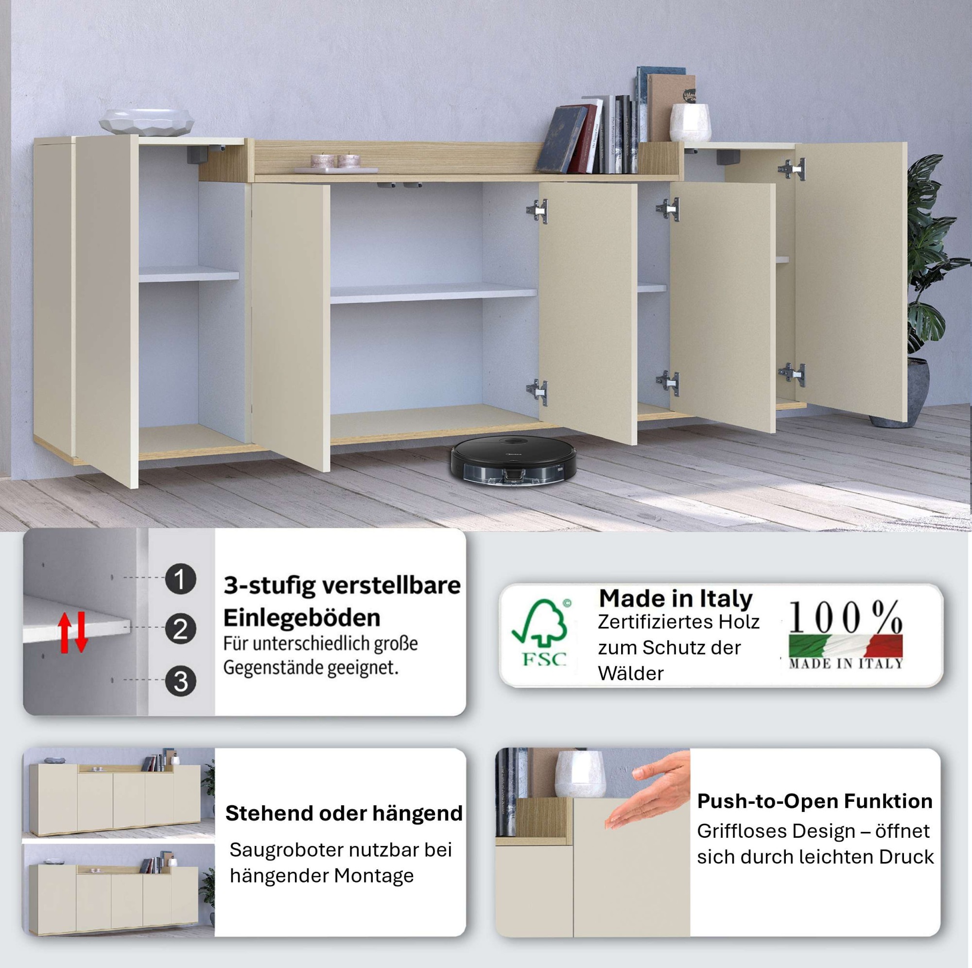 Thumbnail - OTTO home Sideboard "BOLSENA, Kommode, Schrank,Lowboard mit 8 Fächer und offenes Ablagefach" 1 Stk. tlg. stehend/hängend...