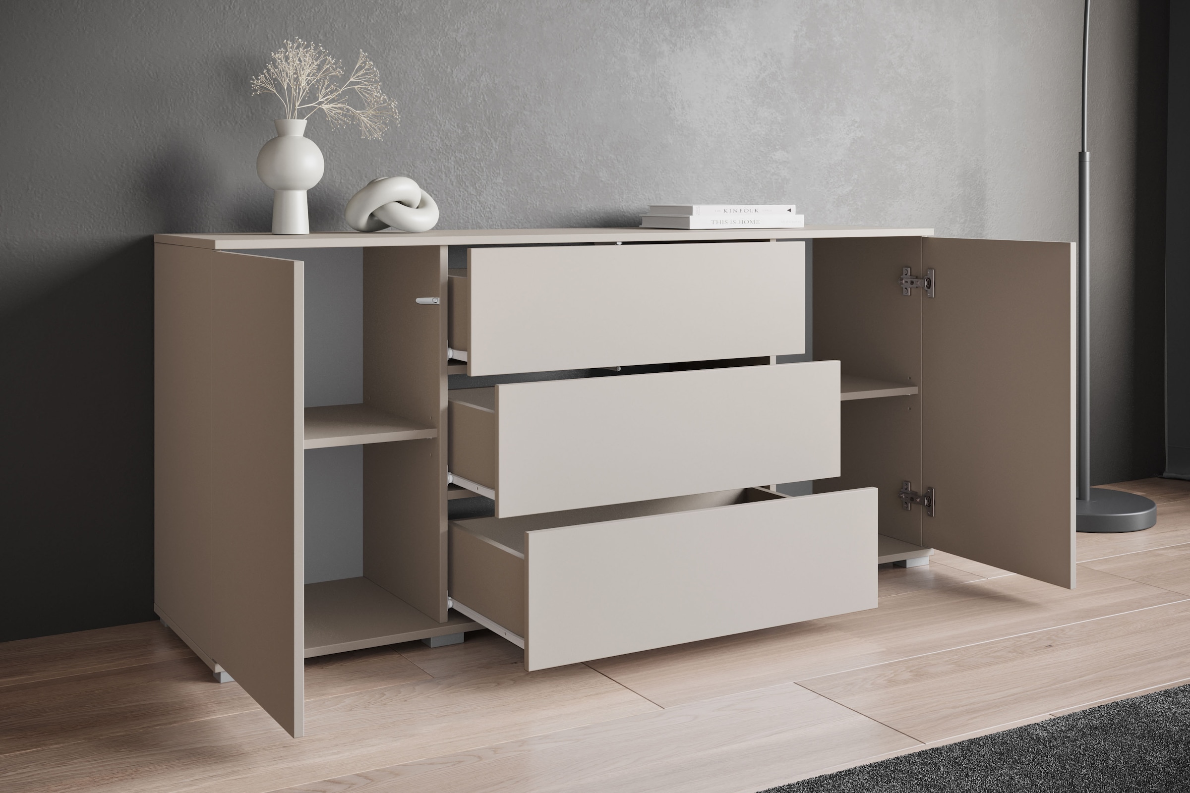 INOSIGN Sideboard »Kenia«, (1 St.), Modernes Sideboard mit 3 Schubladen und 4 Fächern, Breite 150 cm