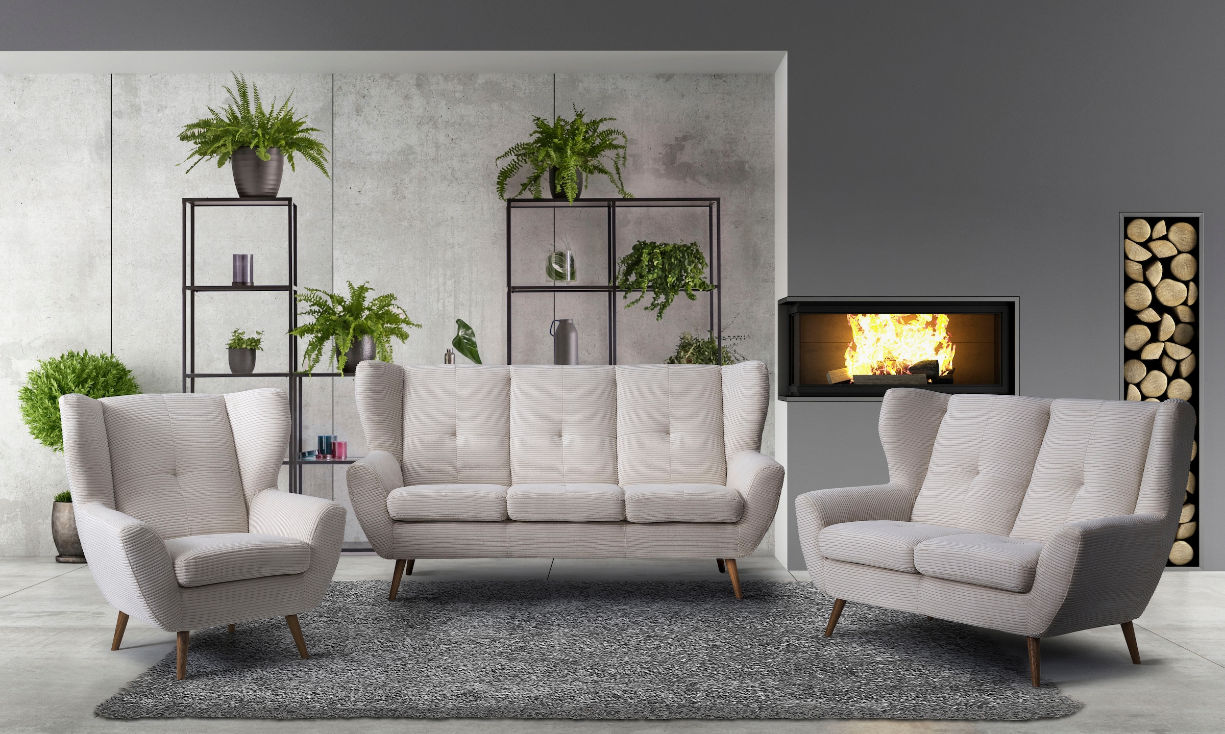 exxpo - sofa fashion 2-Sitzer »ALVESTA, Loungesofa, Küchensofa, hoher Sitzkomfort, Ohrenbackensofa«, gemütliche Rückenlehne, mit Knopfheftung und hohen Holzfüßen, in Cord