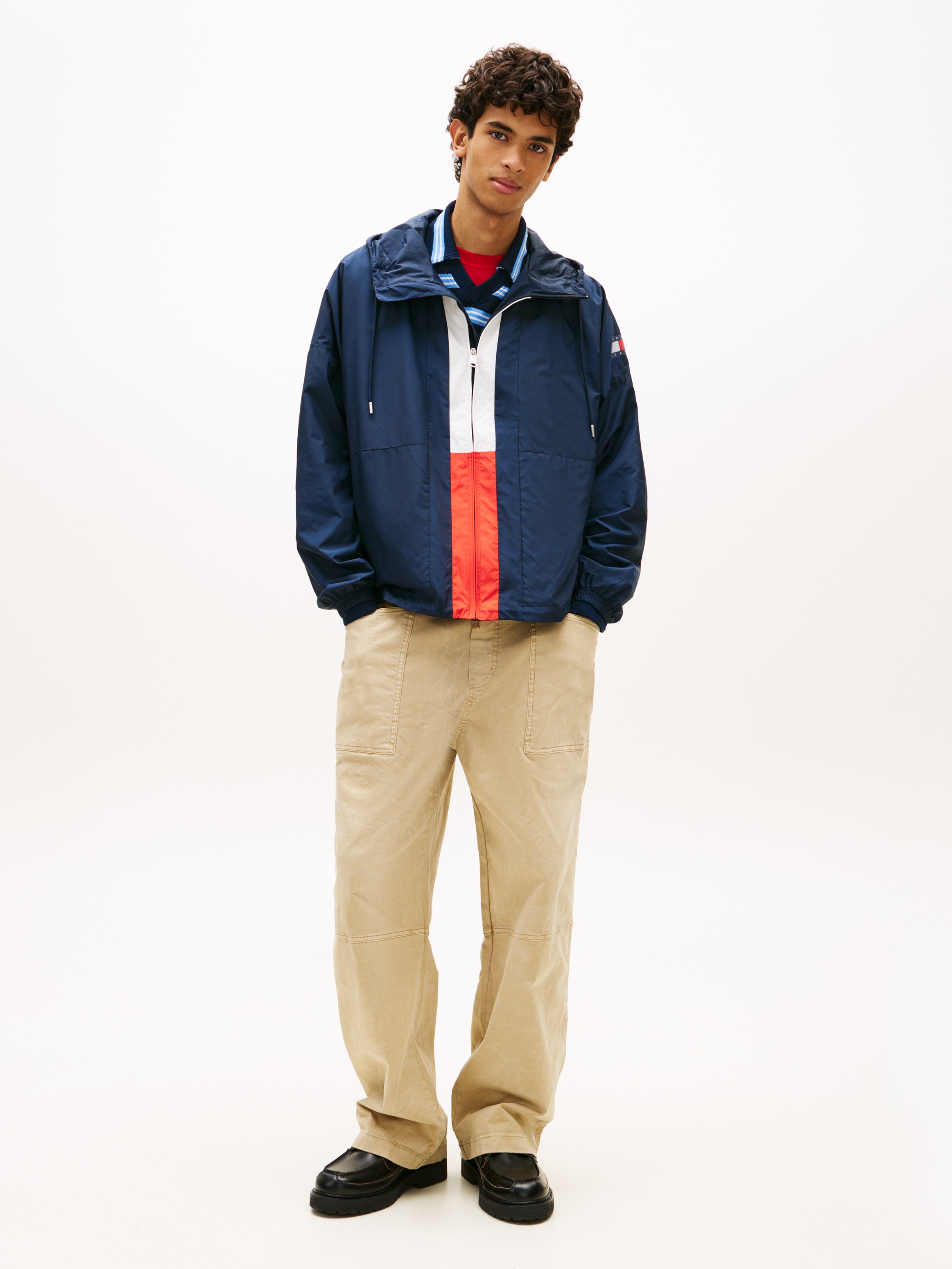 Windbreaker TOMMY JEANS "CHICAGO FLAG", Herren, Gr. 3XL, schwarz night navy, Web, Obermaterial: 100% Polyester, unifarben, regular fit normal, Rundhals, eingesetzt elastischer Bund, Jacken Windbreaker, Regular fit mit Kapuze 3
