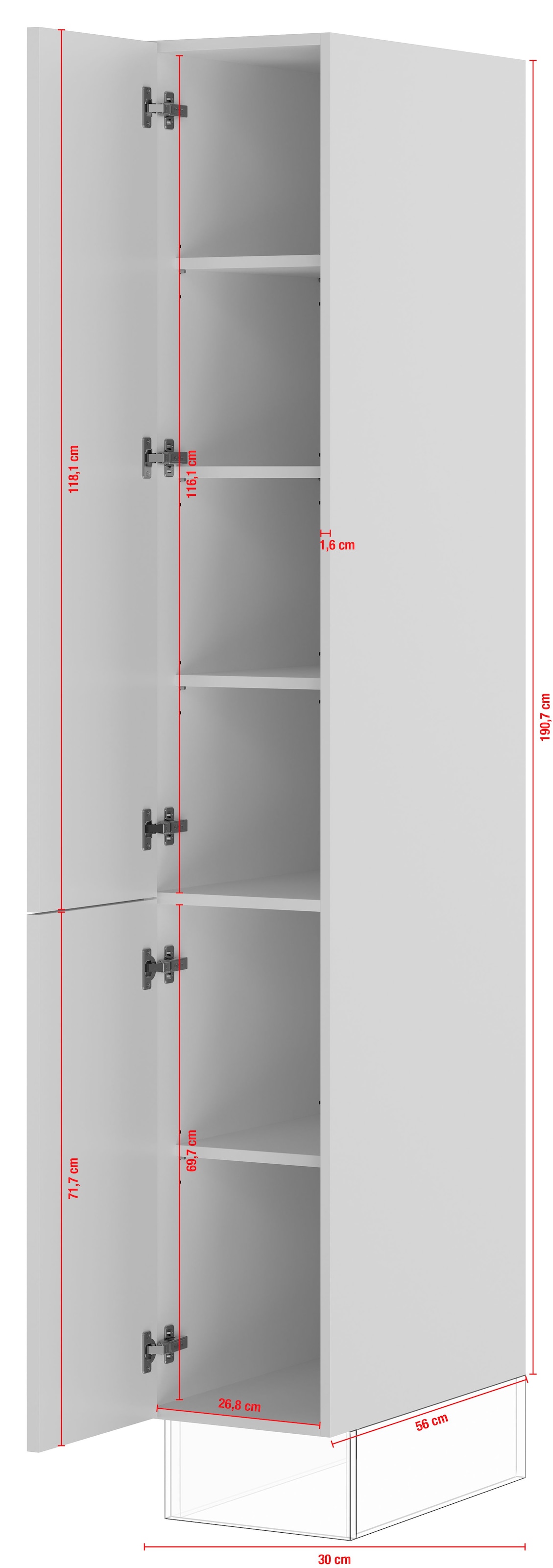 IMPULS KÜCHEN Seitenschrank »"Turin", Breite/Höhe: 30/190,7 cm«, vormontiert, mit Drehtüren, mit verstellbaren Fachböden