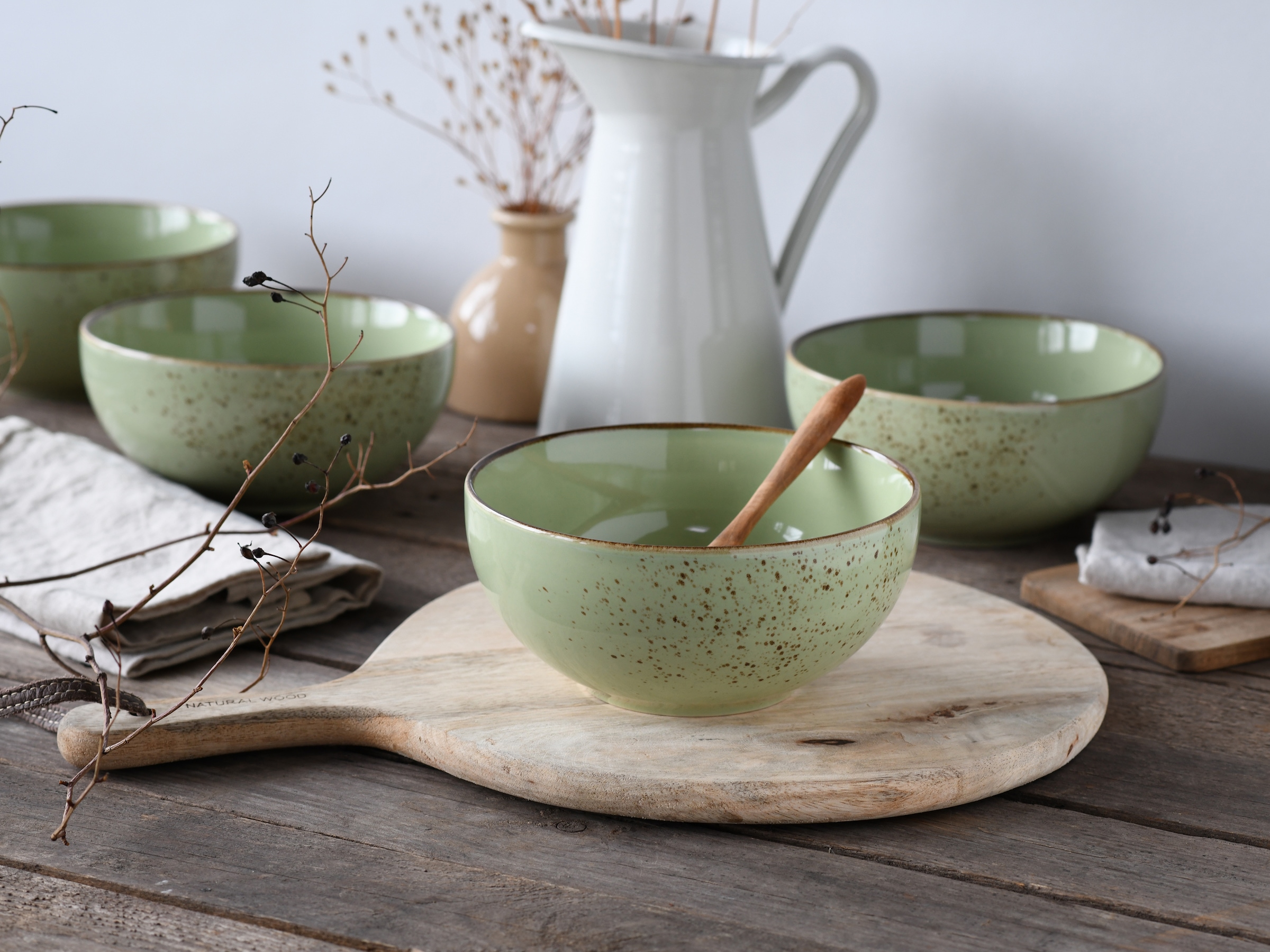 CreaTable Schale »Nature Collection, Buddha Bowl 4-tlg« 4 Stk. aus Steinzeug Handwerklicher Look, Vintage, Höhe 7,5 cm