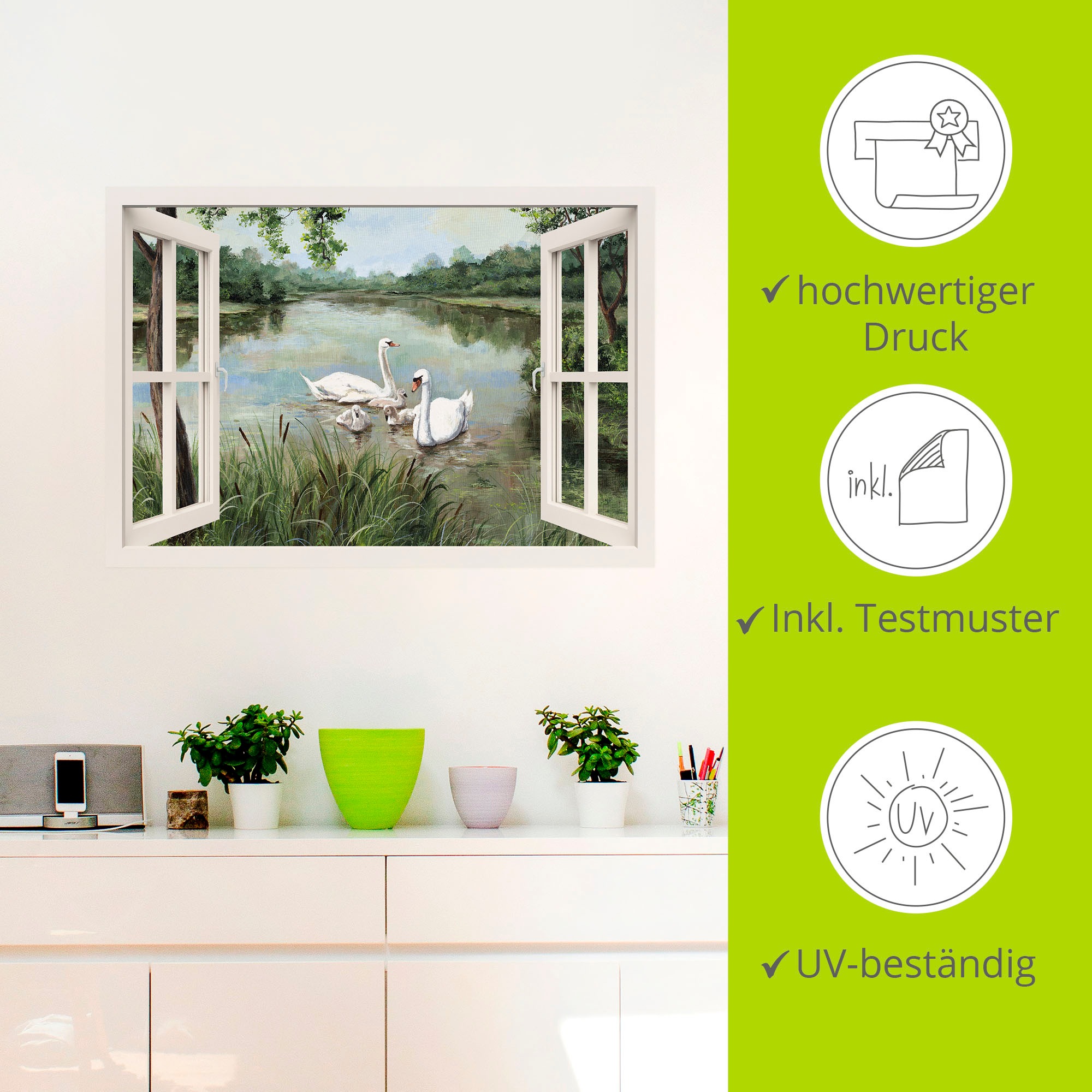 Artland Wandbild »Fensterblick - Schwäne«, Vögel, (1 St.), als Alubild, Outdoorbild, Leinwandbild, Wandaufkleber, versch. Größen