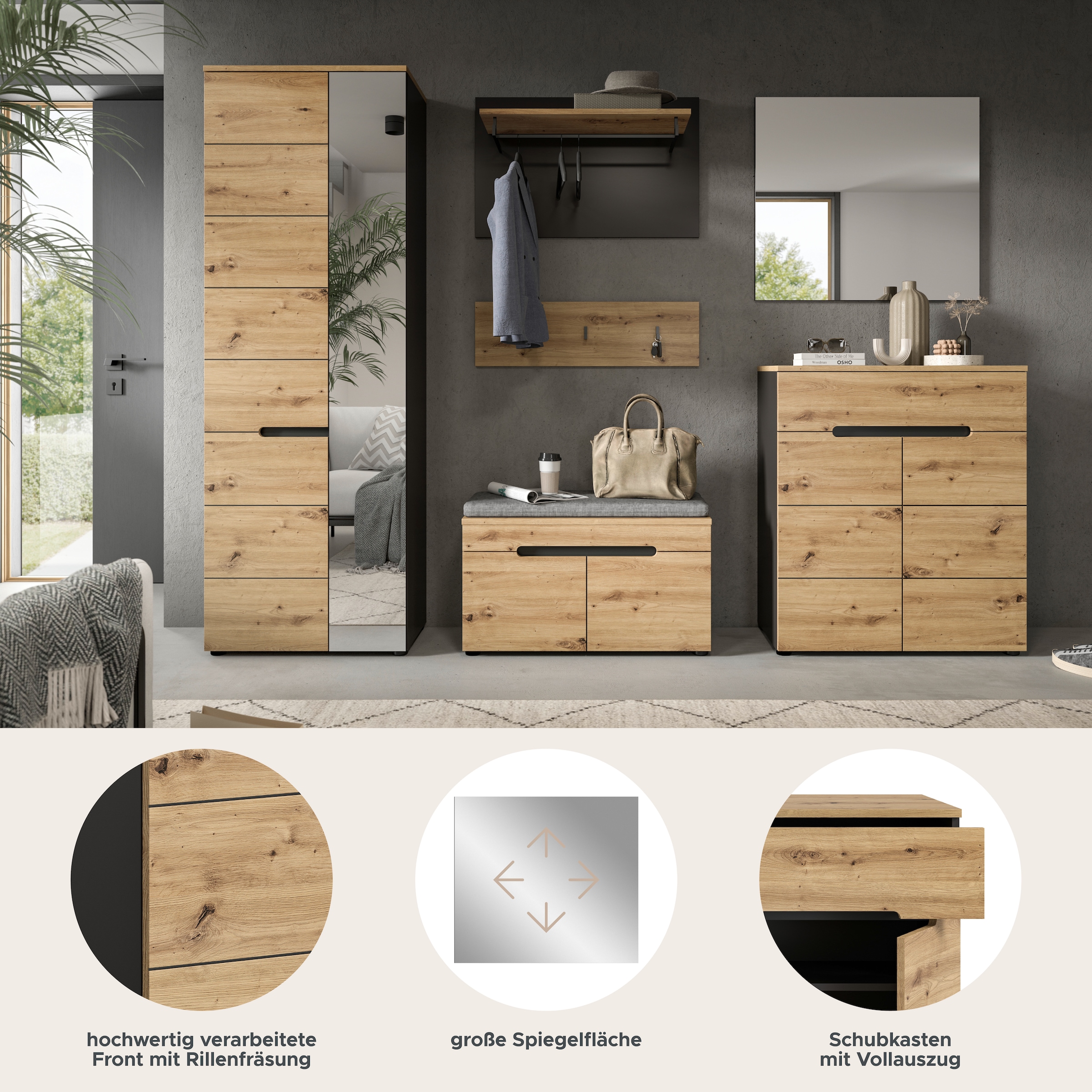 INOSIGN Garderoben-Set, (Set, 6 St., Schrank, Sitzbank, Sitzkissen, Paneel, Hakenleiste, Spiegel, Kommode), Garderobenkombination, Kombination, Set, Flurgarderobe, Diele