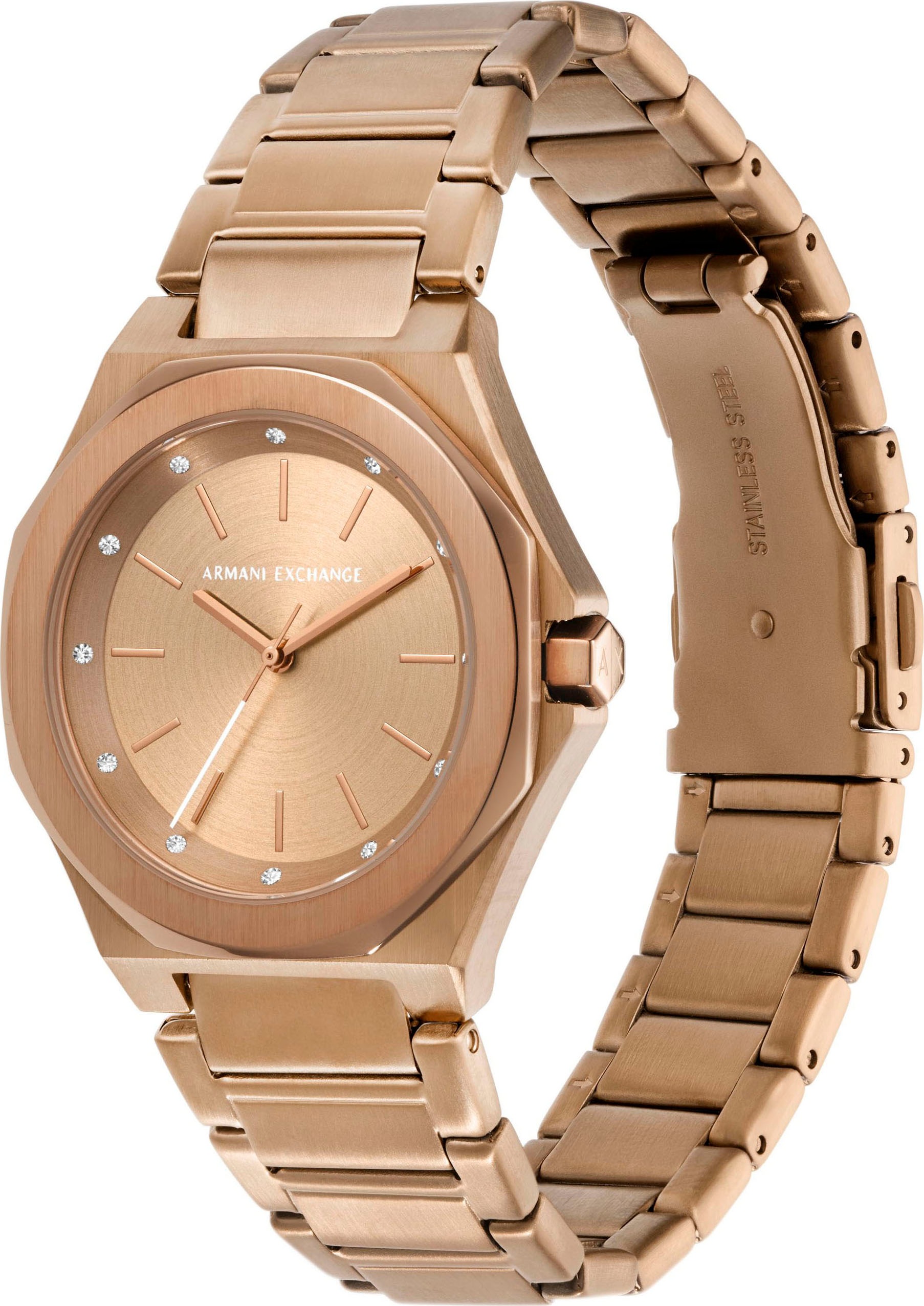 ARMANI EXCHANGE Quarzuhr, Armbanduhr, Damenuhr, Edelstahlarmband, analog, Glassteine