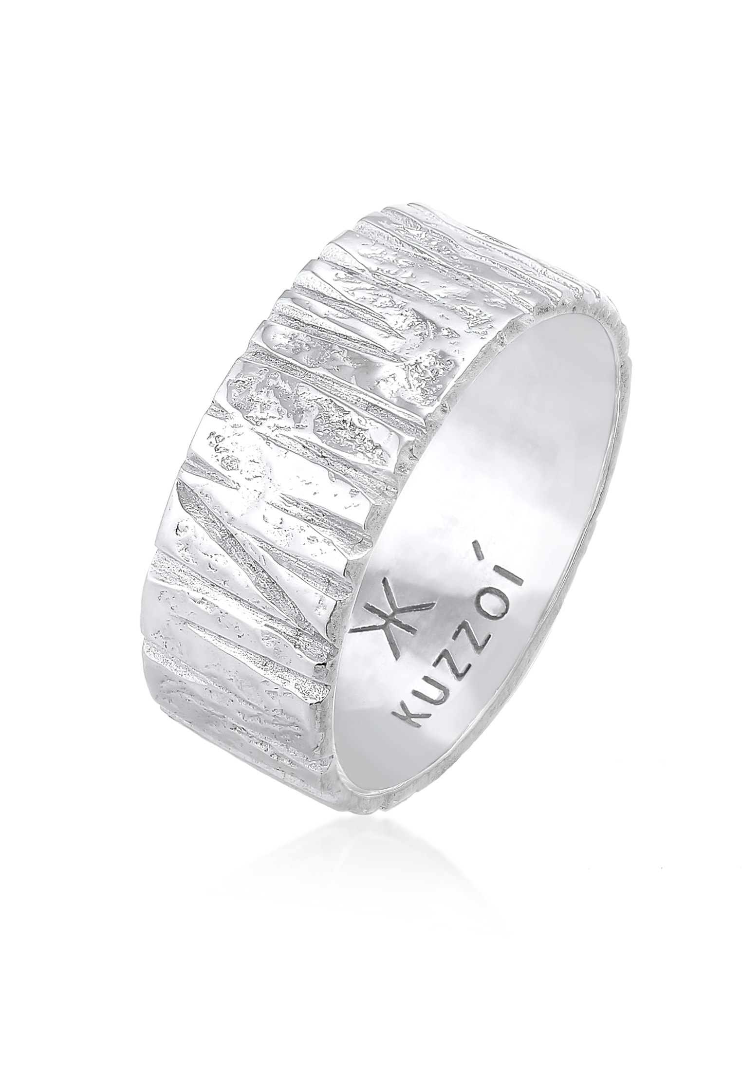 "Silberring KUZZOI ""Ring Bandring Breit Struktur Gehämmert 925 Silber"" Gr. 60, silber, Fingerringe, Herren, 60, Silber 925 (Sterlingsilber)