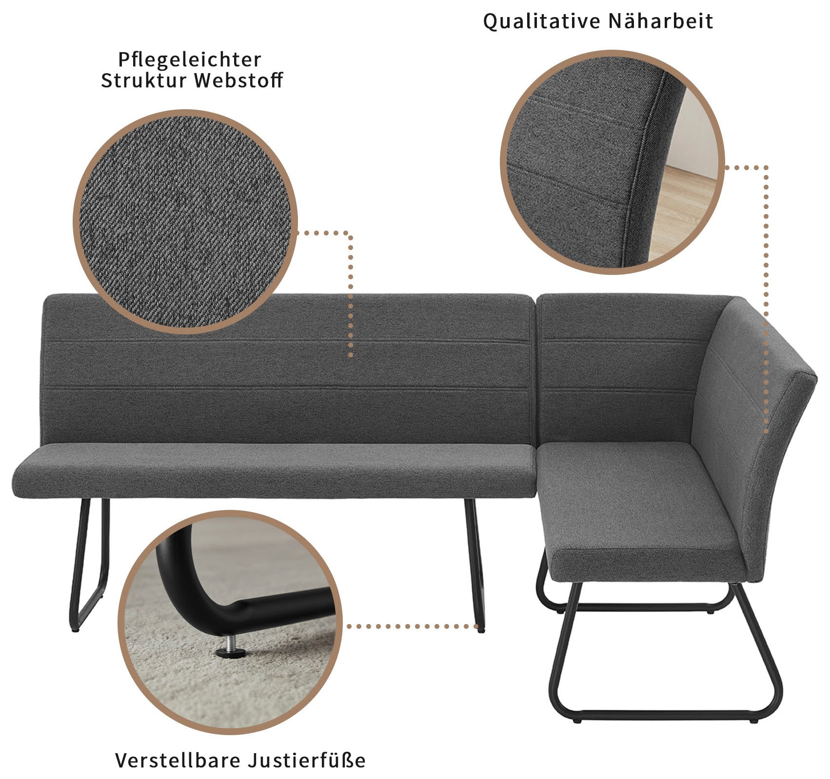 OTTO home Eckbankgruppe »Stevian« Set, 1 ausziehbarer Esstisch + 1 Eckbank Recamiere links + 2 Stühle, 4 Stk. tlg. Holz, Strukturstoffbezug, Freischwingerstühle, gesteppten Bänken