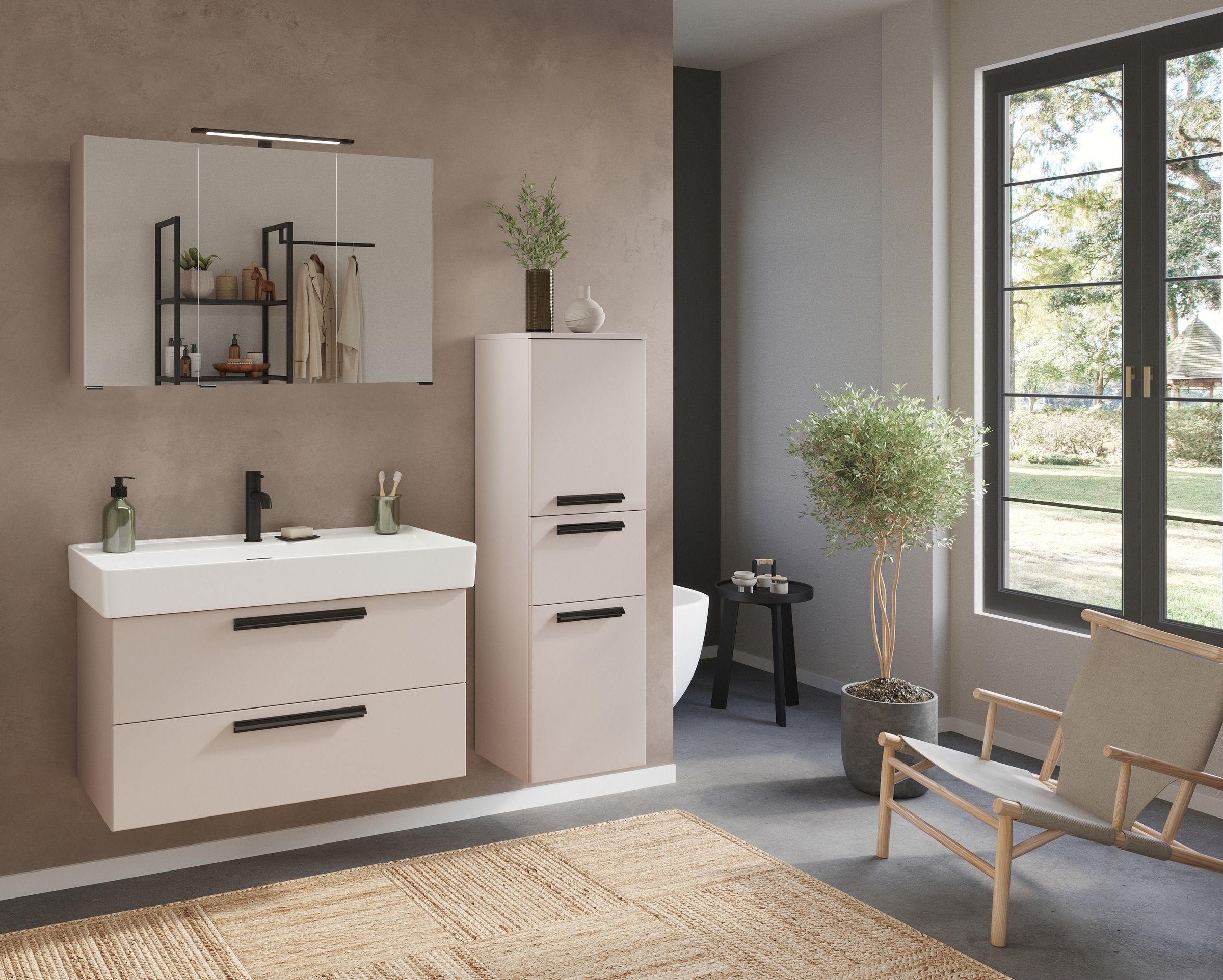 welltime Badmöbel-Set »SALVADA, 5tlg-Set, gedämpfte Scharniere, Softclose, Keramikbecken« Maße (B/T/H): 180/47,5/200 cm, 